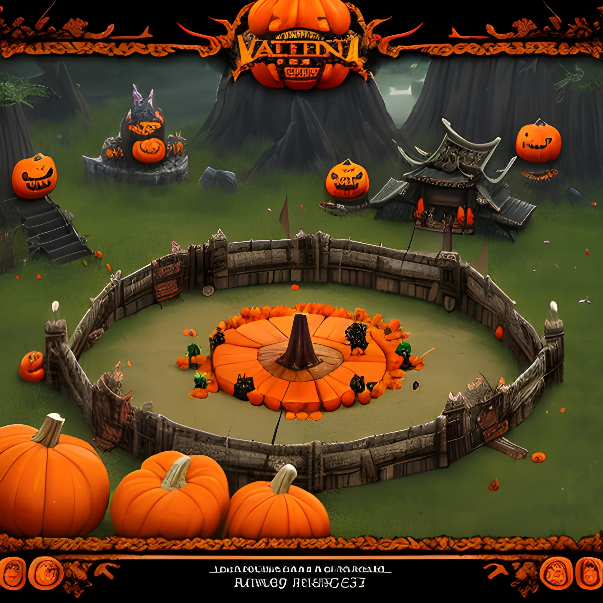 A highly detailed fighting arena, decorated with Halloween attributes like pumpkins and having a beautiful and dynamic background, where a magical samurai and a swamp druid, characters from a video game like Dota 2, battle each other