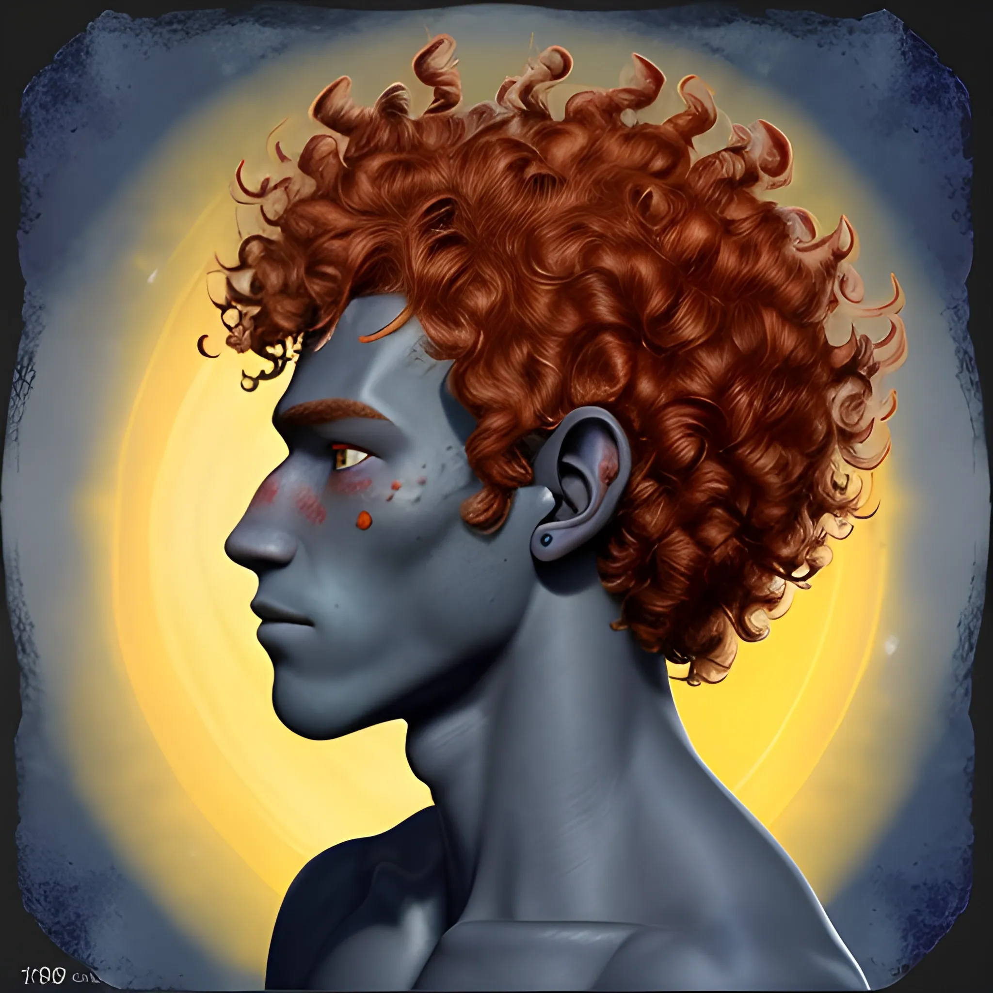 Face profile of a dark blue skinned 19 year old male firbolg, with vibrate red clean curly hair, with a tender face and with yellow eyes