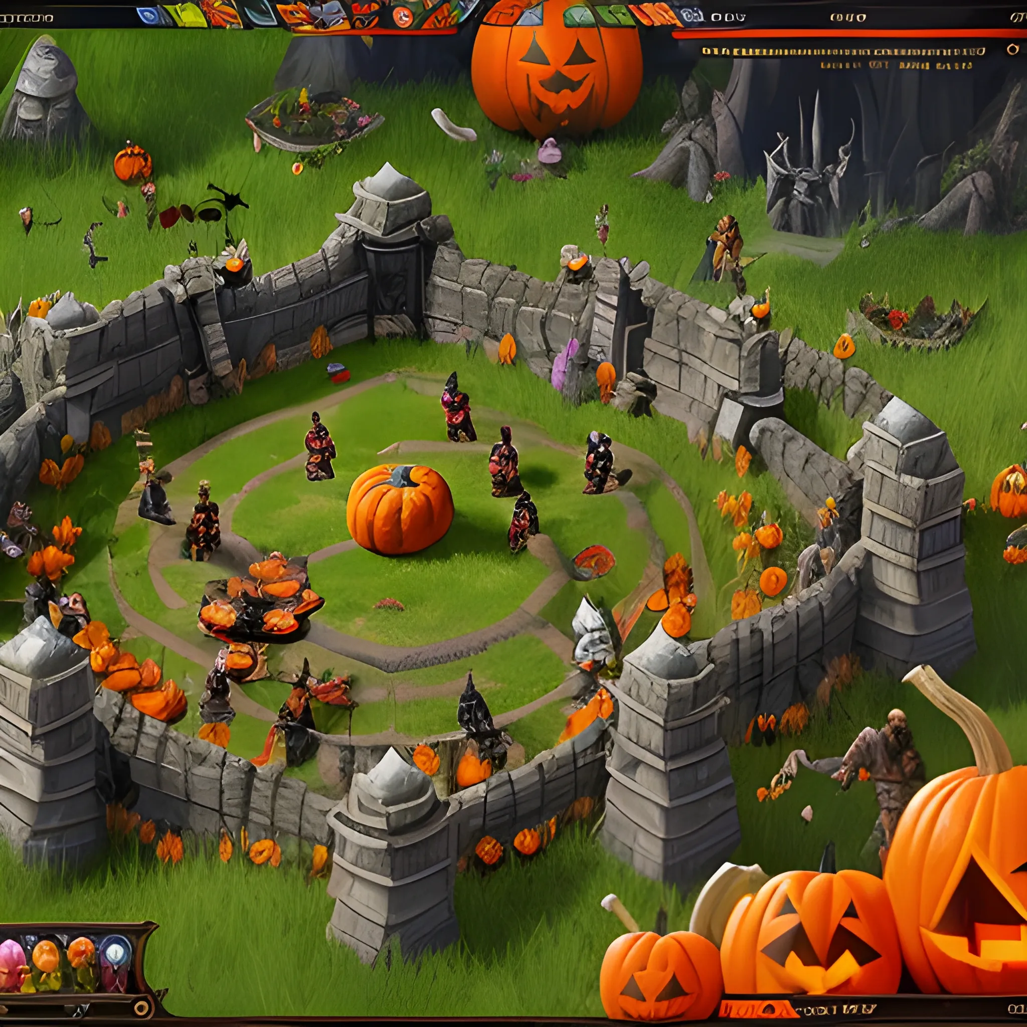 A scene with highly detailed fighting arena in the center, decorated with Halloween attributes like pumpkins and having a beautiful and dynamic background, where a magical samurai and a swamp druid, characters from a video game like Dota 2, battle each other