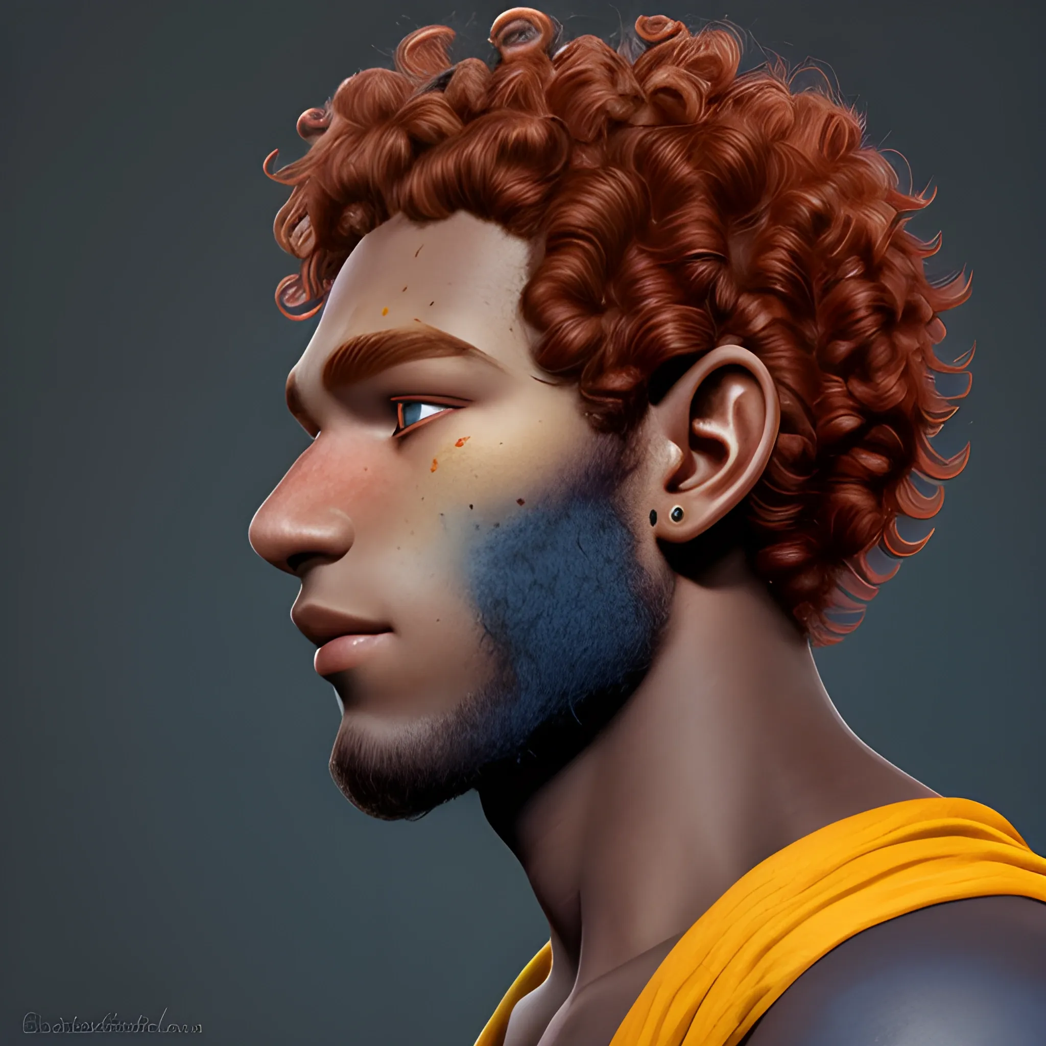 Face profile of a dark blue skinned 22 year old male firbolg, with vibrate red clean curly hair, with a tender face and with yellow eyes