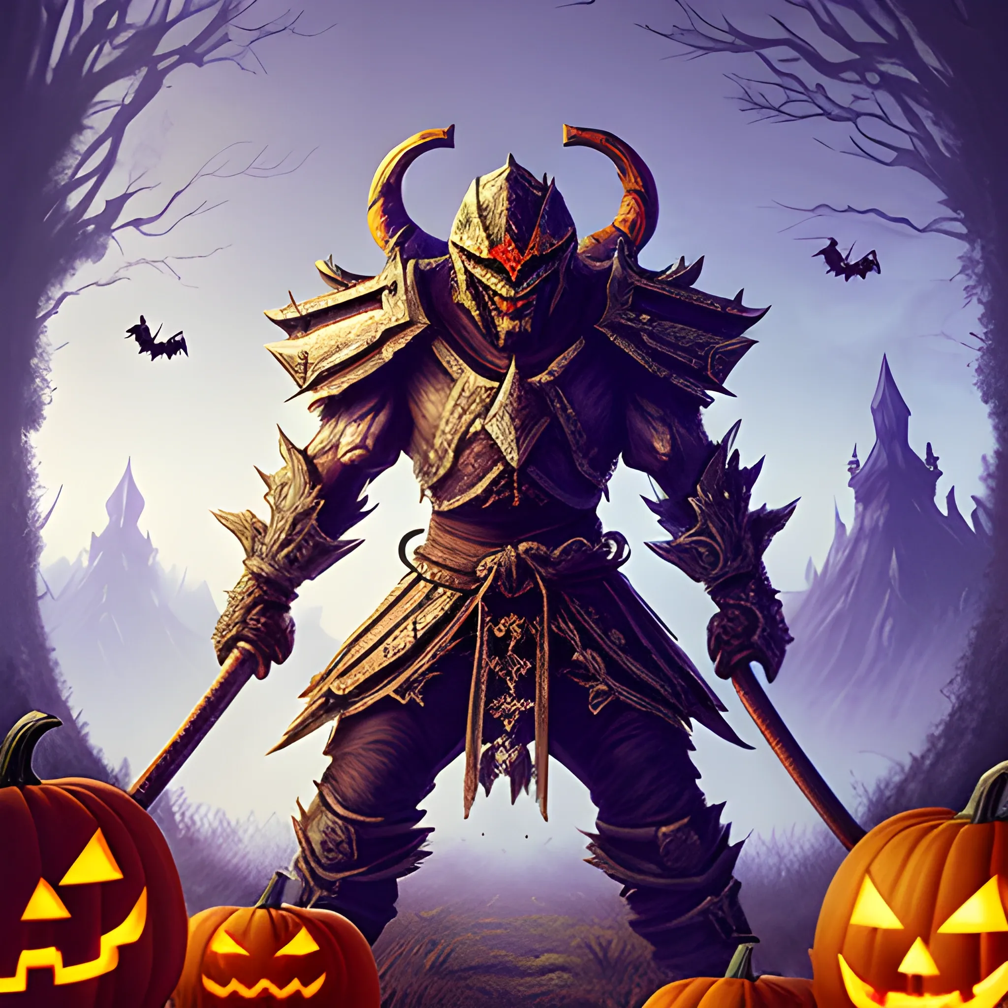 A hyper detailed, gaming style picture of a Haloween atributes, setting is a game like Dota 2, about magical adventures, where 1 magic samurai fights against 1 druid from Magic Craft Game with beautiful dynamic background and pumpkins around