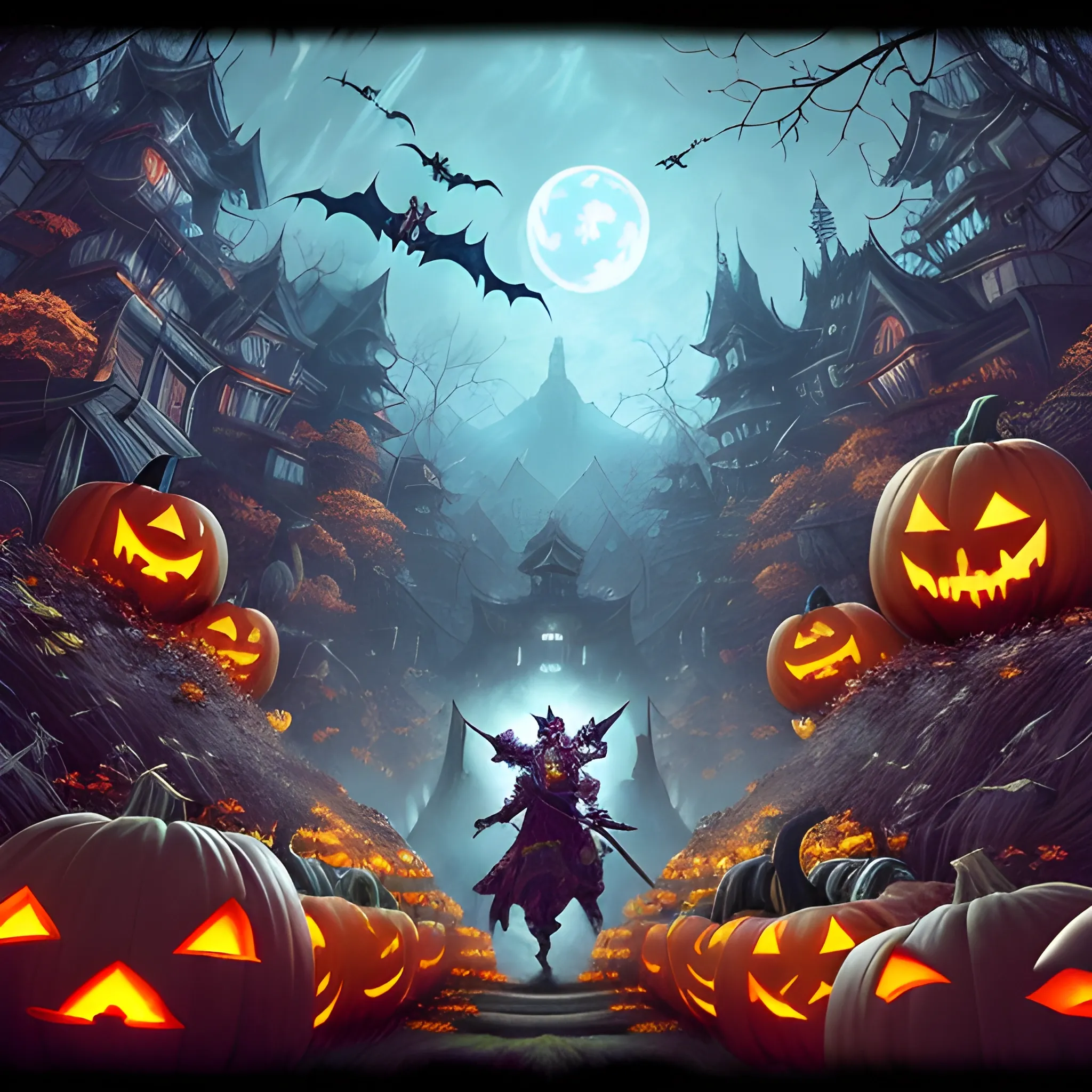 A hyper detailed, gaming style picture of a Haloween atributes, setting is a game like Dota 2, about magical adventures, where 1 magic samurai fights against 1 druid from Magic Craft Game with beautiful dynamic background and pumpkins around, Trippy