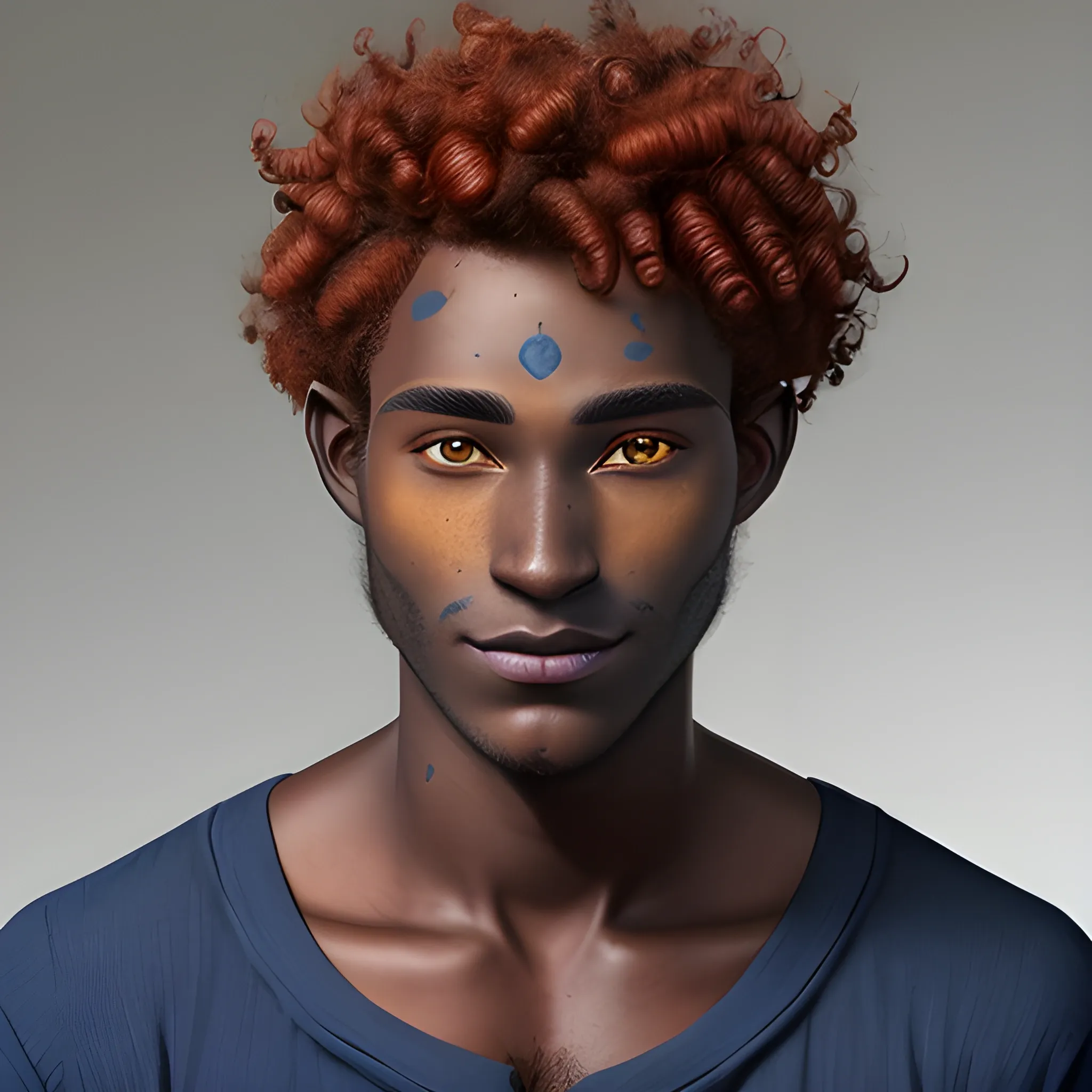 ¾ Face profile of a dark blue skinned 22 year old male firbolg, with vibrate red clean curly hair, with a tender face and with yellow eyes