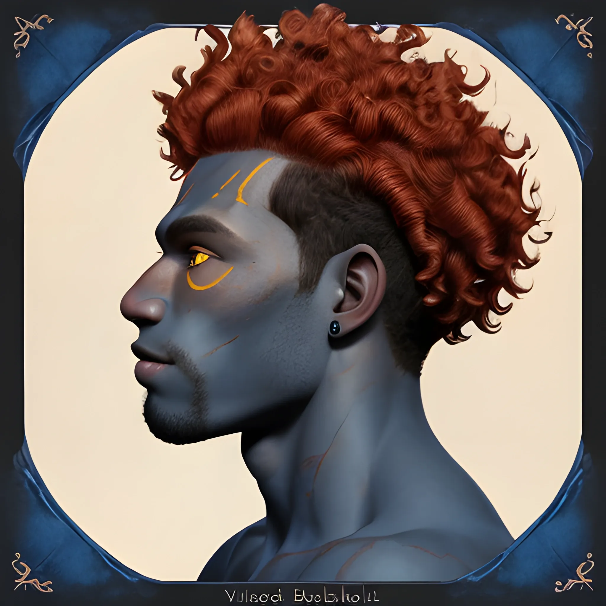 ¾ Face profile of a dark blue skinned 22 year old male firbolg, with vibrate red clean curly hair, with a tender face and with yellow eyes