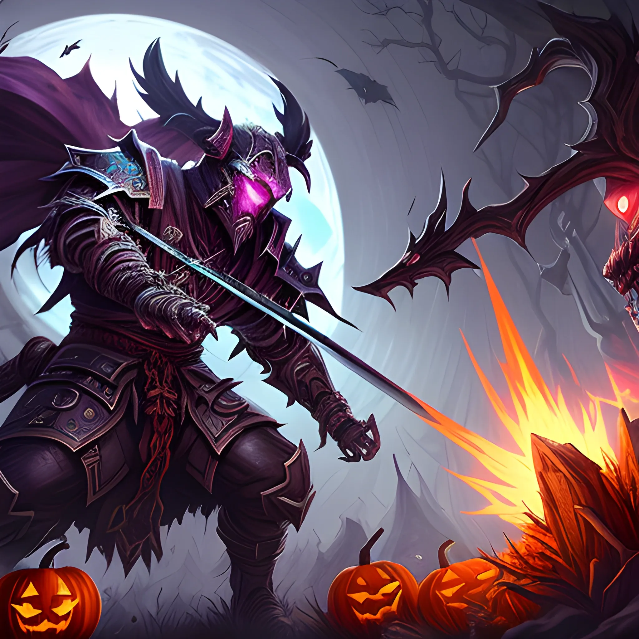 A hyper detailed, gaming style picture of a Haloween atributes, setting is a game like Dota 2, about magical adventures, where 1 magic samurai fights against 1 druid from Magic Craft Game with beautiful dynamic background