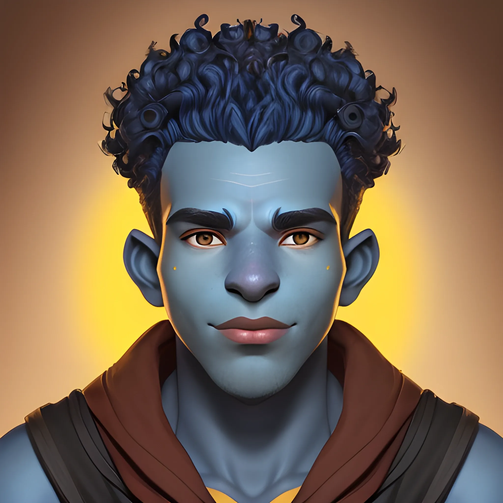 front facing Face profile of a dark blue skinned 22 year old male firbolg, with vibrate red clean Curly Quiff, with a tender face and with yellow eyes