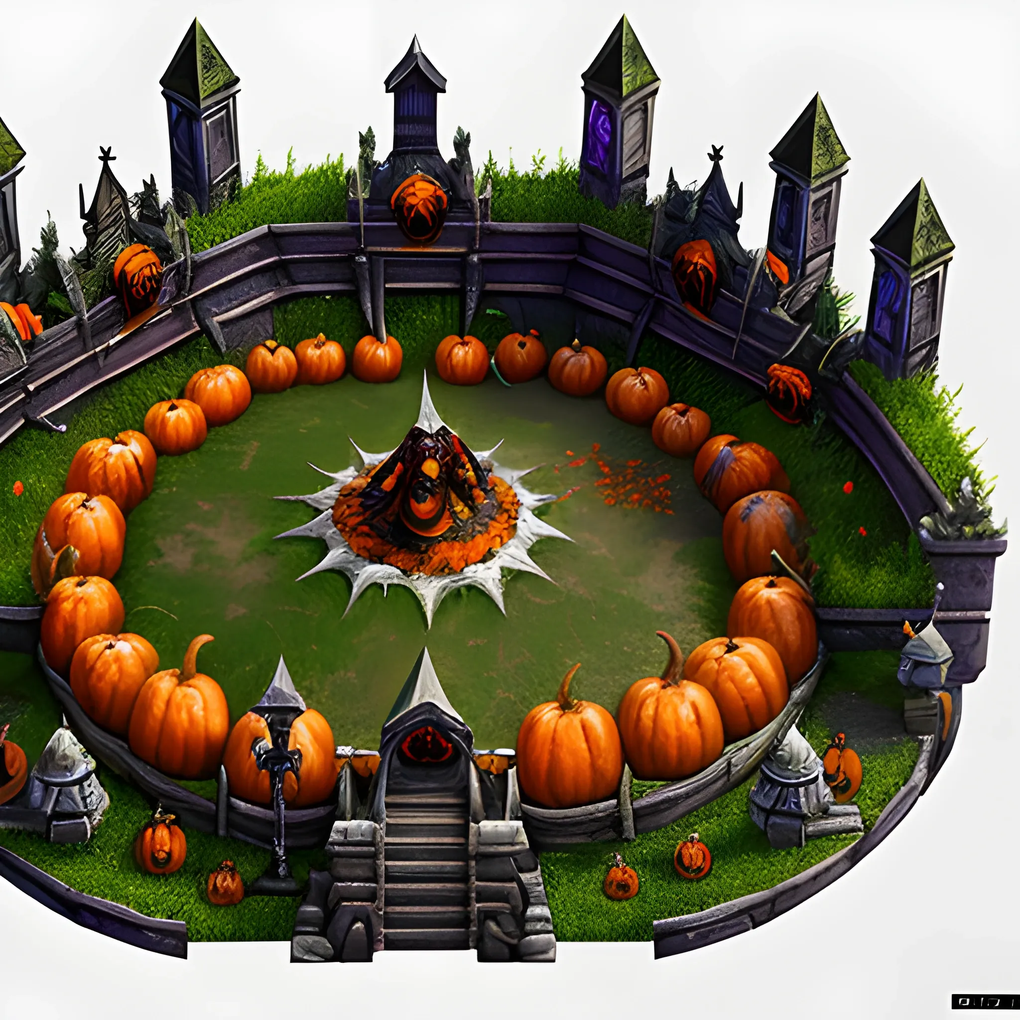 Two characters of a game that is similar to Dota 2 are fighting each other in an arena that is decorated for Halloween, hyper-detailed image, 2k resolution, many small details, high image elaboration, gaming style