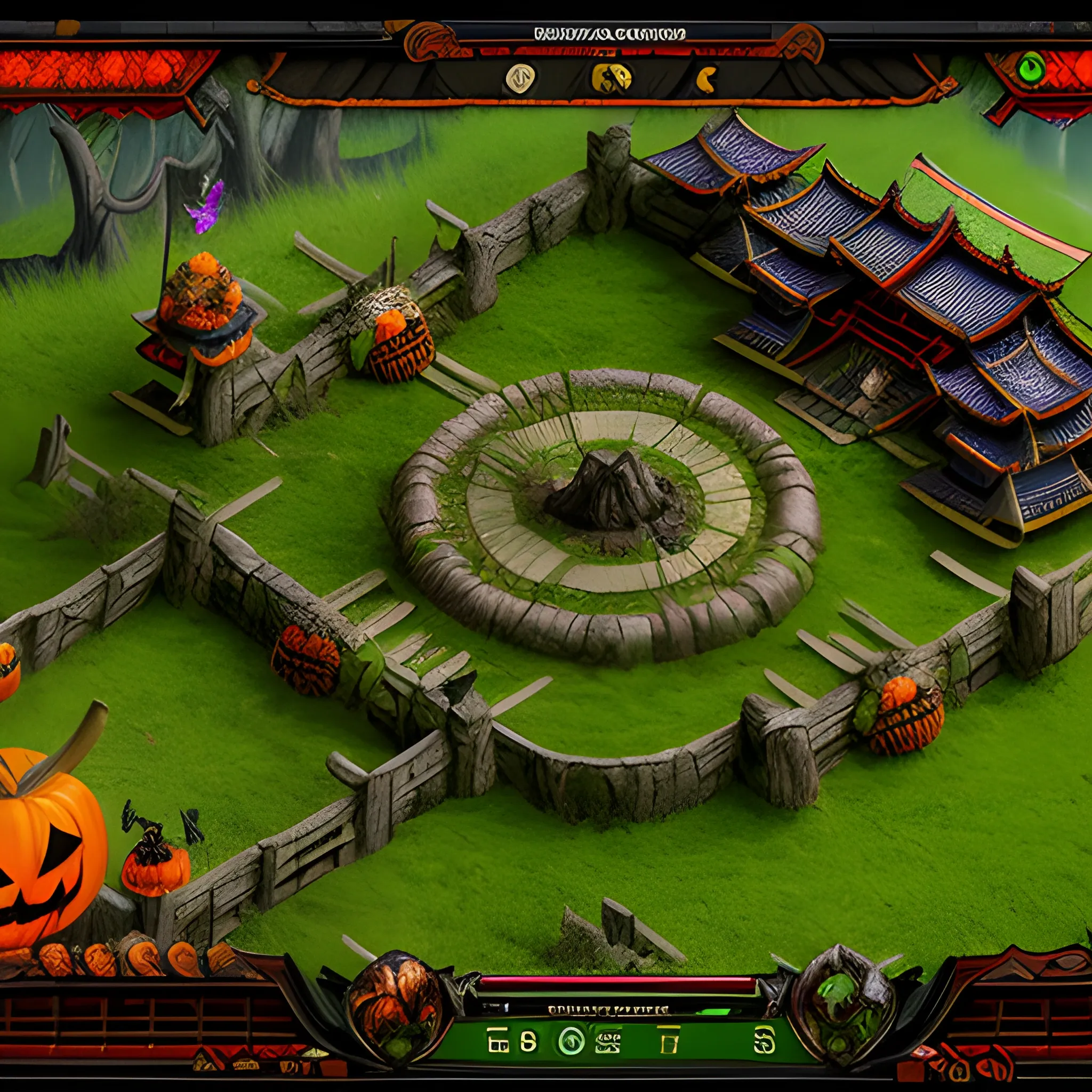 Two characters - samurai and swamp druid are fighting each other in an arena that is decorated for Halloween, hyper-detailed image, 2k resolution, many small details, high image elaboration, gaming style