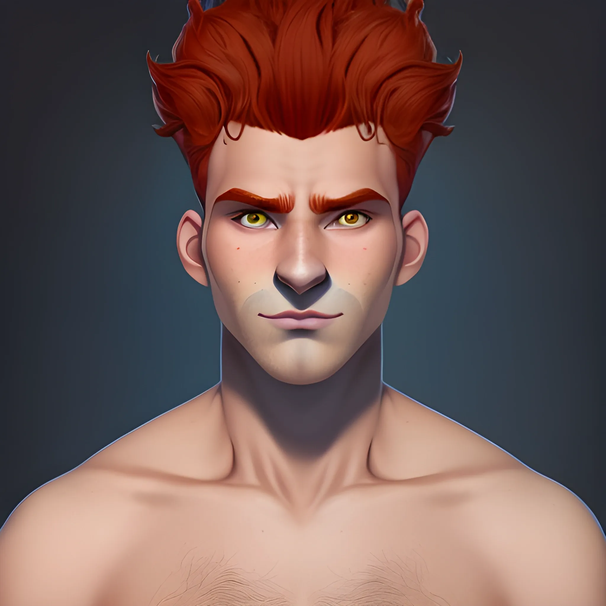 front facing Face profile of a dark blue skinned 22 year old male firbolg, with a red hair styled into Curly Quiff, with a tender face and with yellow eyes