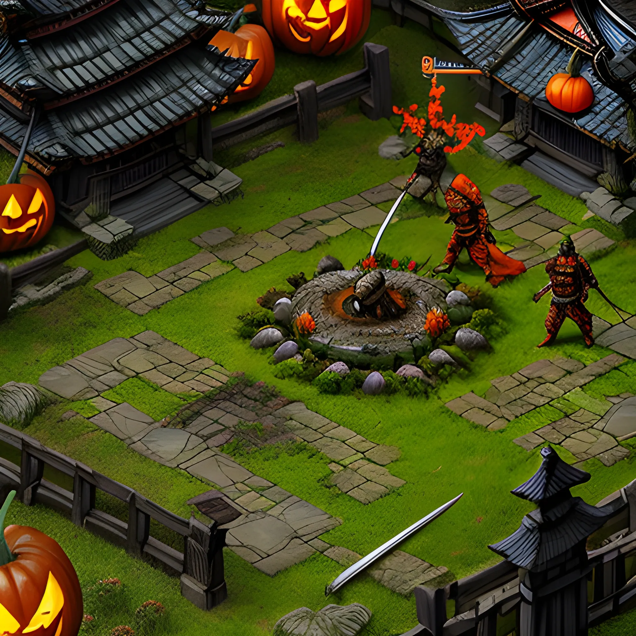 Two characters - samurai and swamp druid are fighting each other in the place that is decorated for Halloween, hyper-detailed image, 2k resolution, many small details, high image elaboration, gaming style