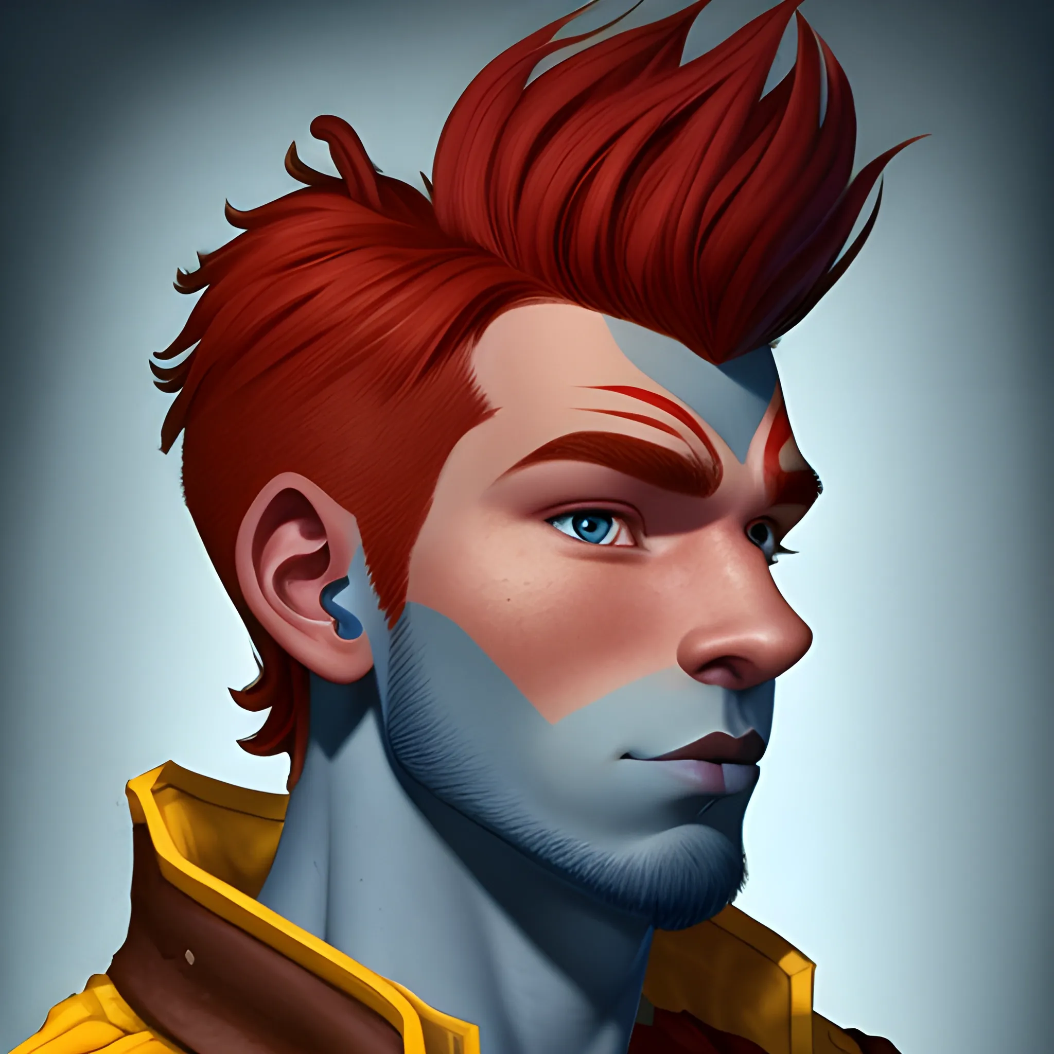 front face profile of a dark blue skinned 22 year old male firbolg, with a red hair styled into Curly Quiff, with a tender face and with yellow eyes