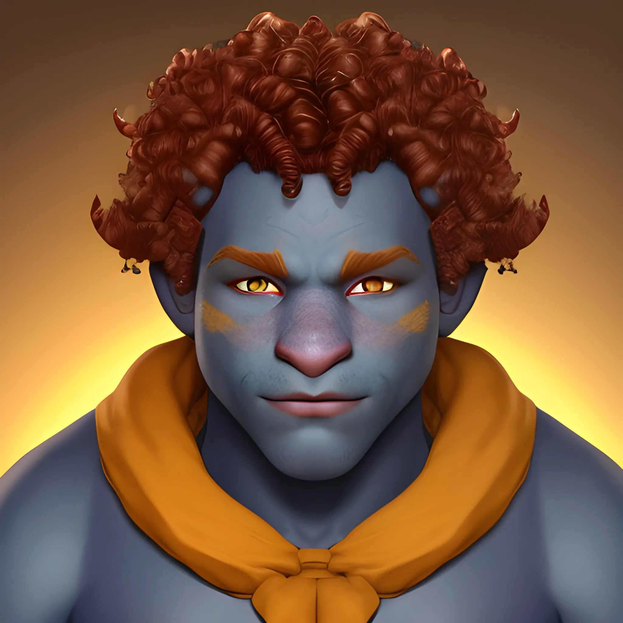 front Facing profile shot of a dark blue skinned 22 year old male firbolg, with vibrate red clean curly hair, with a tender face and with yellow eyes
