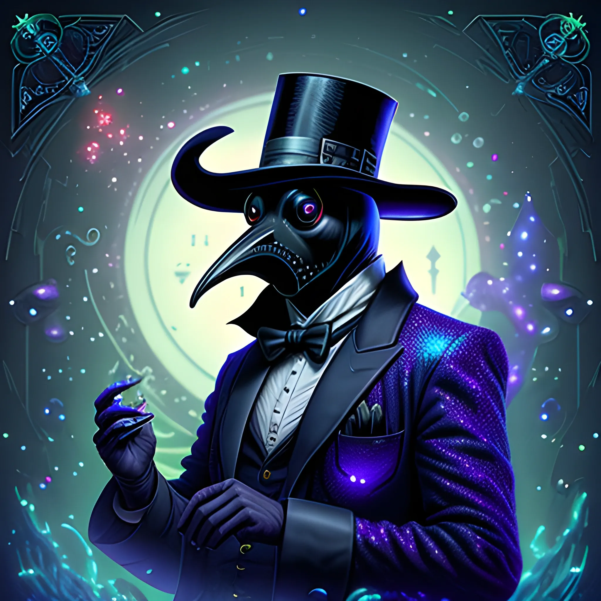 Plague Doctor, nebula sky, luminous colorful sparkles, ominous, eldritch, macabre, spooky; by James R. Eads, Gawki, rajewel, Tania Rivilis, Dan Mumford, glitter, airbrush, Octane Render, elegant, volumetric lighting, 16k; detailed matte painting, deep color, fantastical, intricate detail, splash screen, complementary colors, fantasy concept art, 8k resolution trending on Artstation Unreal Engine 5, suit and tie, top hat, plague doctor mask, cards, cards in hand, voodoo cards

