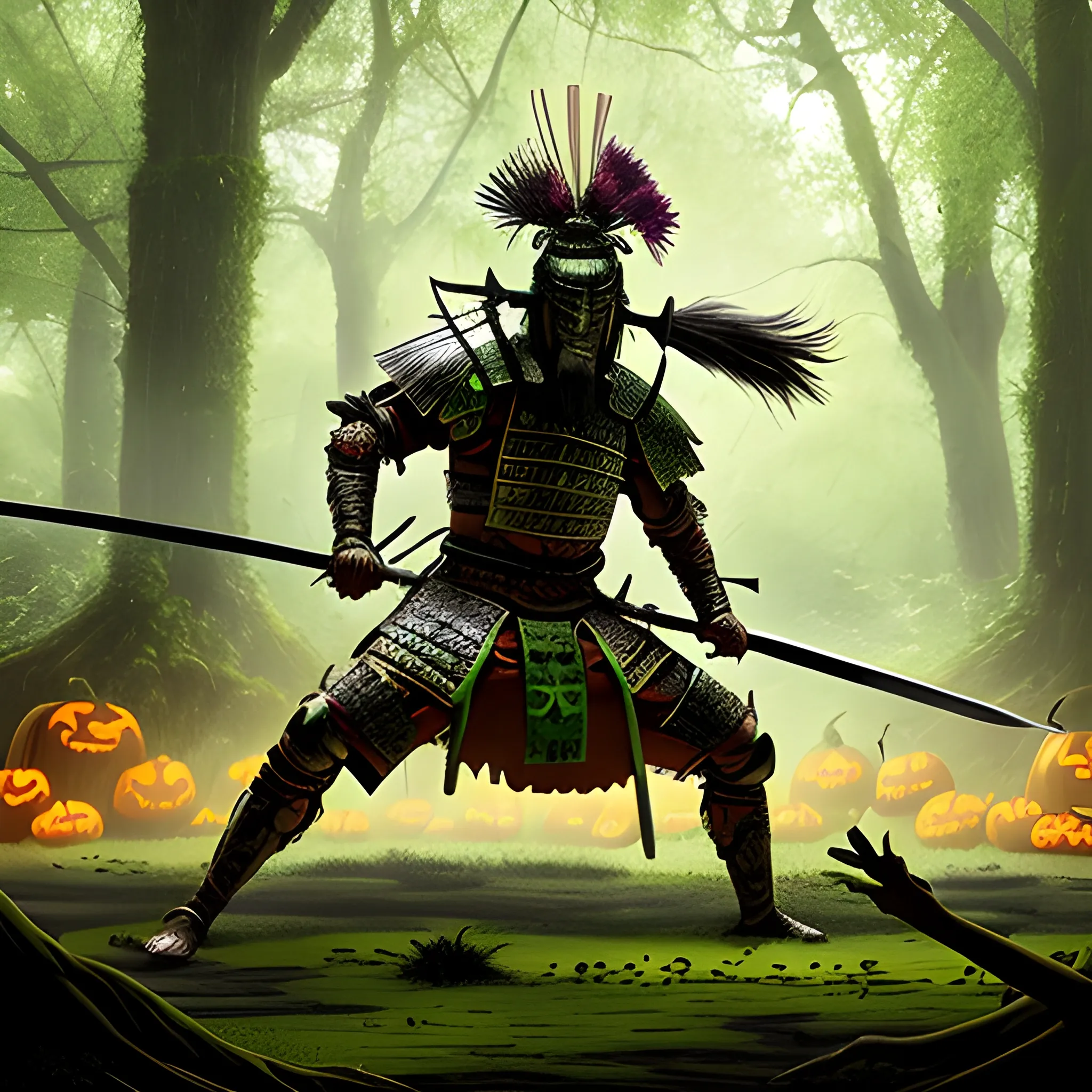 a samurai with a large sword and beautiful highly detailed armor fights with a green swamp druid, which consists of branches and dirt, the action takes place among the trees and ruins of ancient buildings with a magical glowing aura and Halloween pumpkins in places