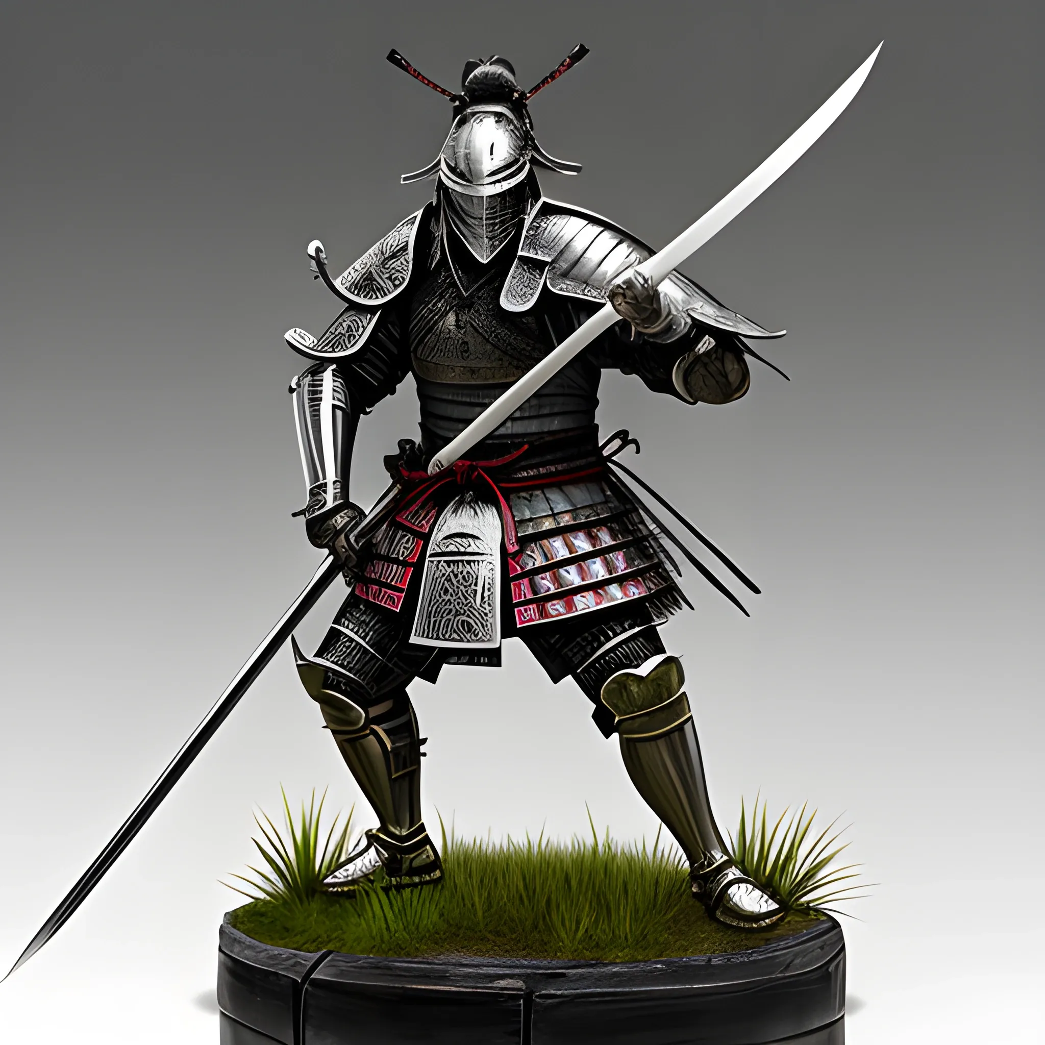 A magical samurai in polished steel armor stands over the body of a swamp druid in ragged robes. The samurai's katana is raised in victory.