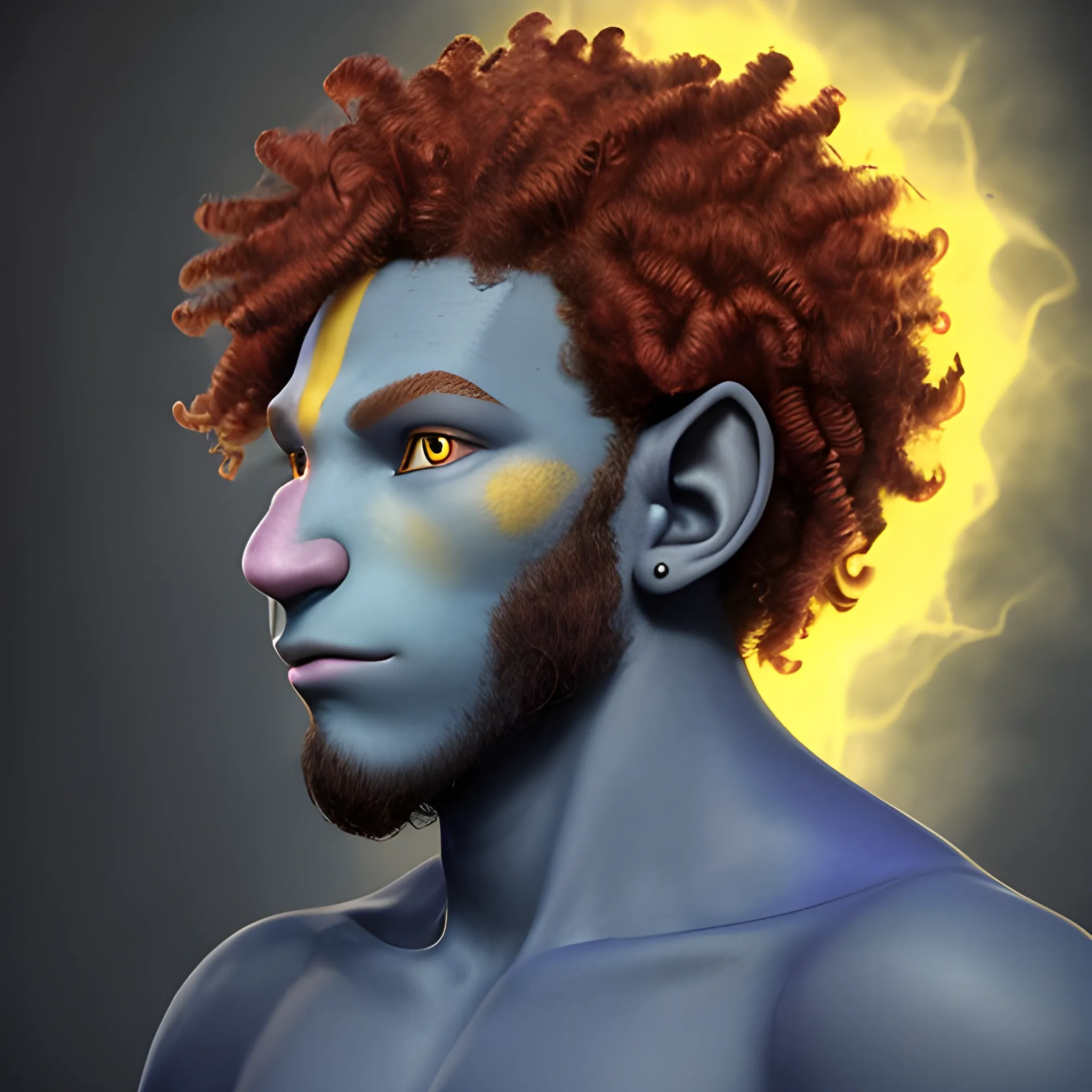 front Facing profile shot of a dark blue skinned 21 year old male firbolg, with vibrate red clean curly hair, with a tender face and with yellow eyes, Trippy