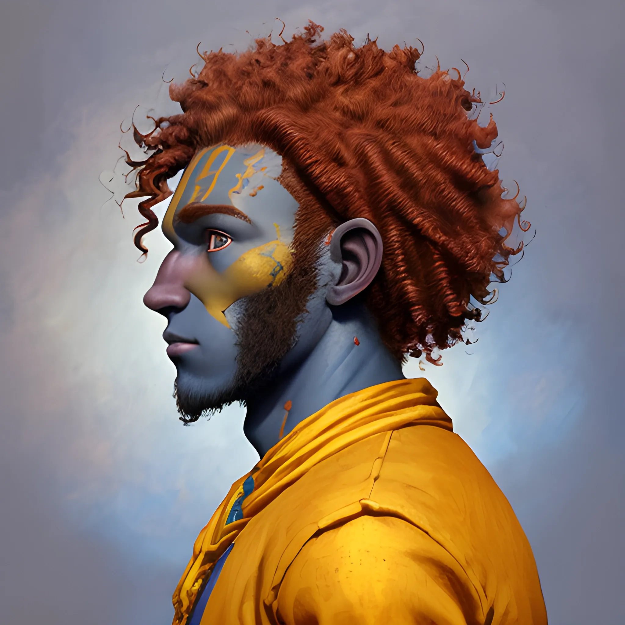front Facing profile shot of a dark blue skinned 20 year old male firbolg, with vibrate red clean curly hair, with a tender face and with yellow eyes, Oil Painting