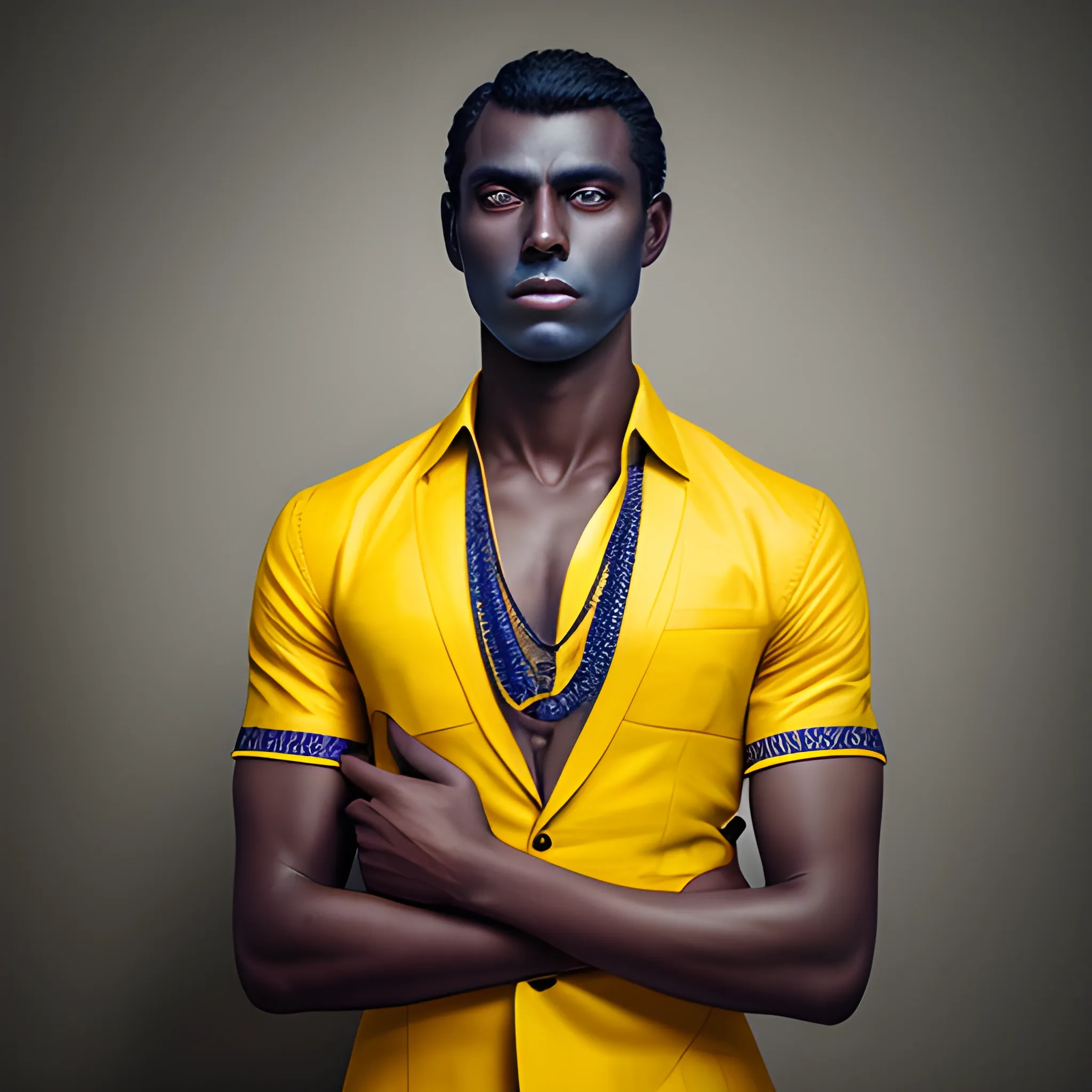 Portrait of beautiful dark blue skinned man, wearing yellow tones, solemn and elegant, professional photography, fantasy 
