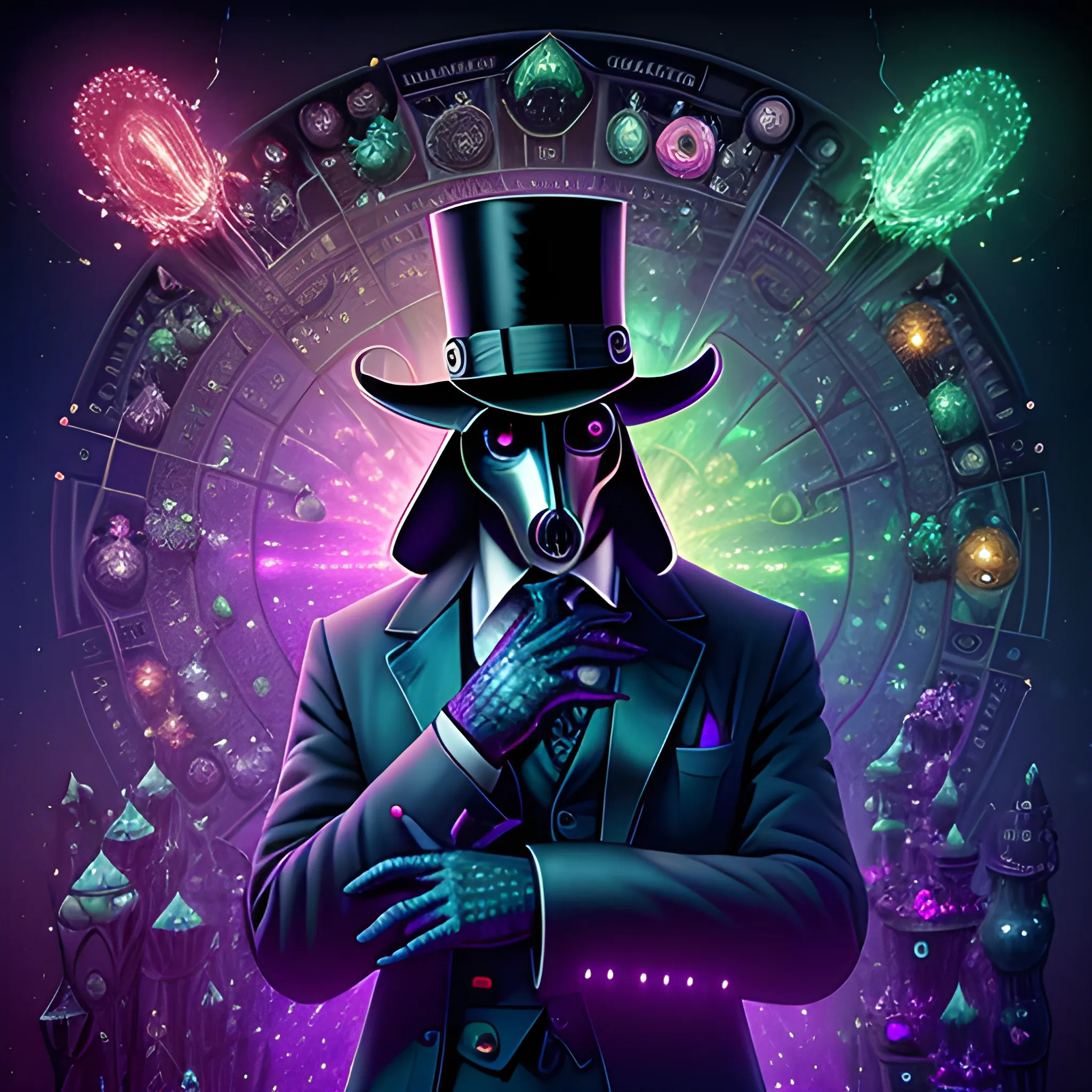 Plague Doctor, nebula sky, luminous colorful sparkles, ominous, eldritch, macabre, spooky; by James R. Eads, Gawki, rajewel, Tania Rivilis, Dan Mumford, glitter, airbrush, Octane Render, elegant, volumetric lighting, 16k; detailed matte painting, deep color, fantastical, intricate detail, splash screen, complementary colors, fantasy concept art, 8k resolution trending on Artstation Unreal Engine 5, suit and tie, top hat, plague doctor mask, 
