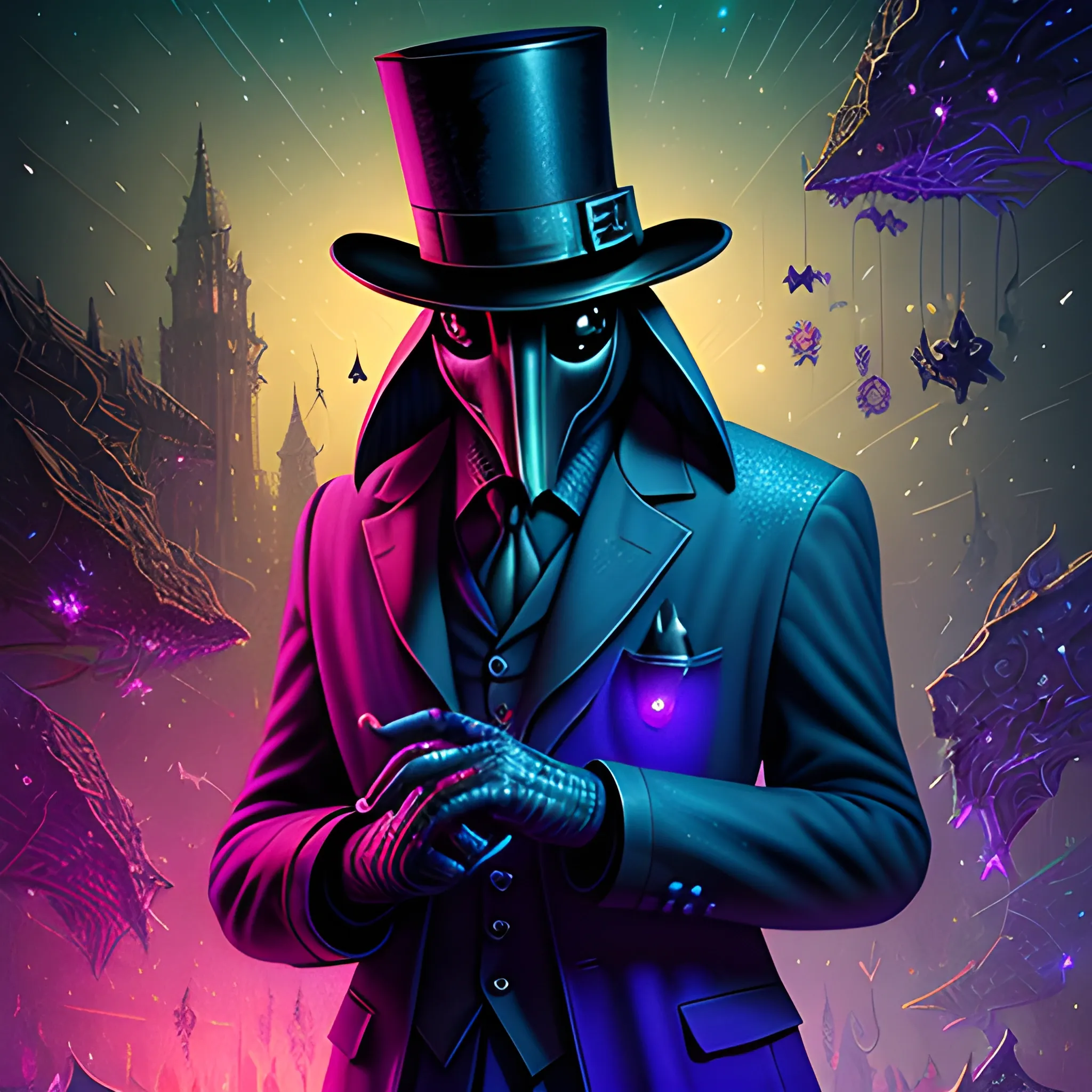 Plague Doctor, nebula sky, luminous colorful sparkles, ominous, eldritch, macabre, spooky; by James R. Eads, Gawki, rajewel, Tania Rivilis, Dan Mumford, glitter, airbrush, Octane Render, elegant, volumetric lighting, 16k; detailed matte painting, deep color, fantastical, intricate detail, splash screen, complementary colors, fantasy concept art, 8k resolution trending on Artstation Unreal Engine 5, suit and tie, top hat, plague doctor mask, 
