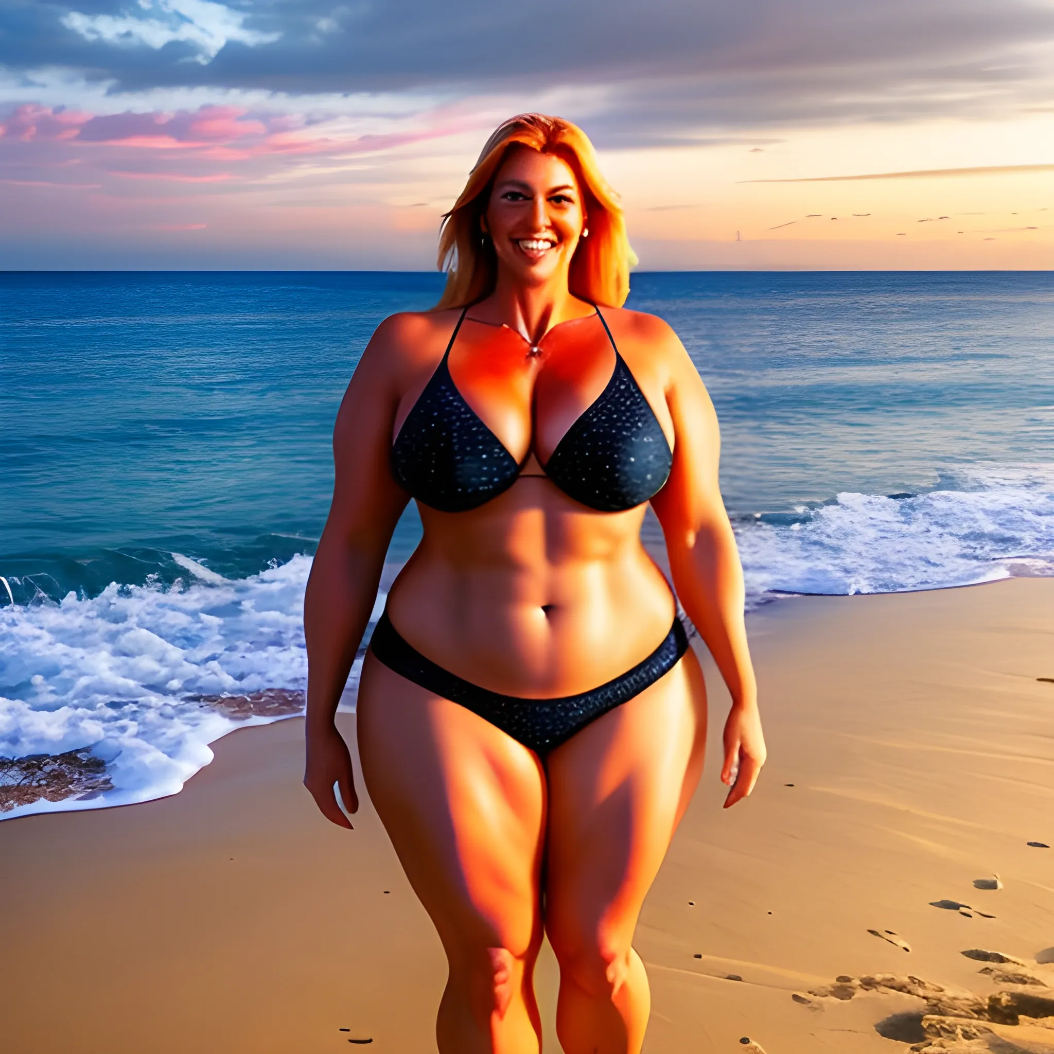 beautiful huge and tall muscular gently smiling young blonde girl standing on tropical beach under sunset sky looking friendly down to us