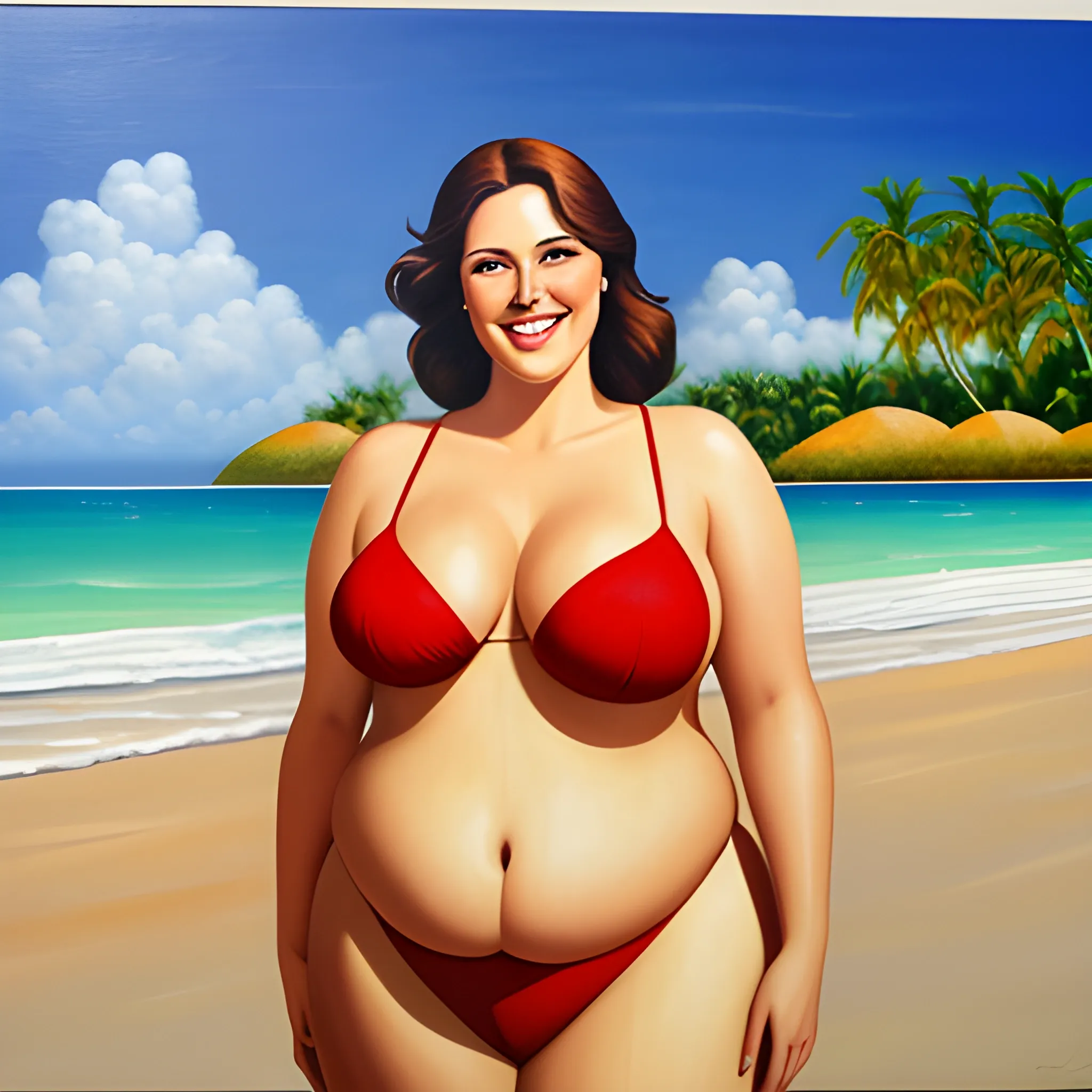 chubby 8 ft tall, plus size gently smiling young girl standing on tropical beach, Oil Painting