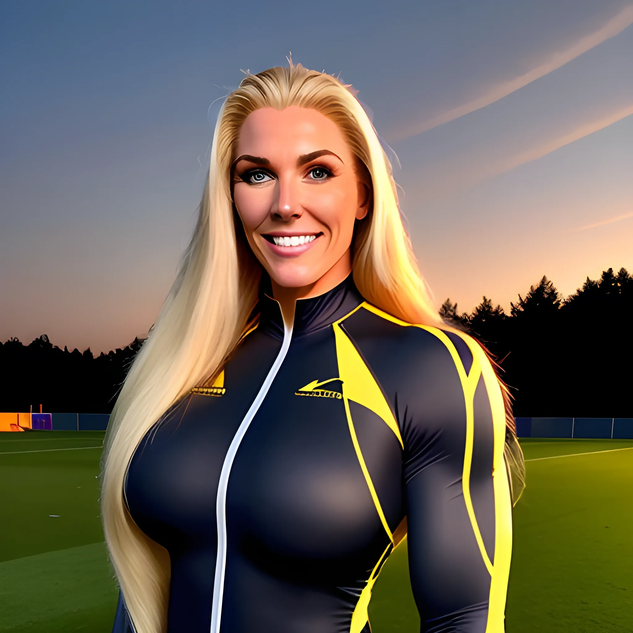 beautiful huge 8 ft tall extra large size massive and muscular gently smiling young girl with long blonde hair in training suit on training ground under evening sky at sunset 