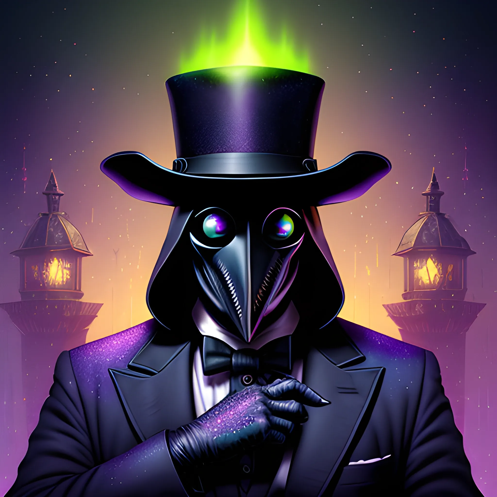 Plague Doctor, nebula sky, luminous colorful sparkles, ominous ...