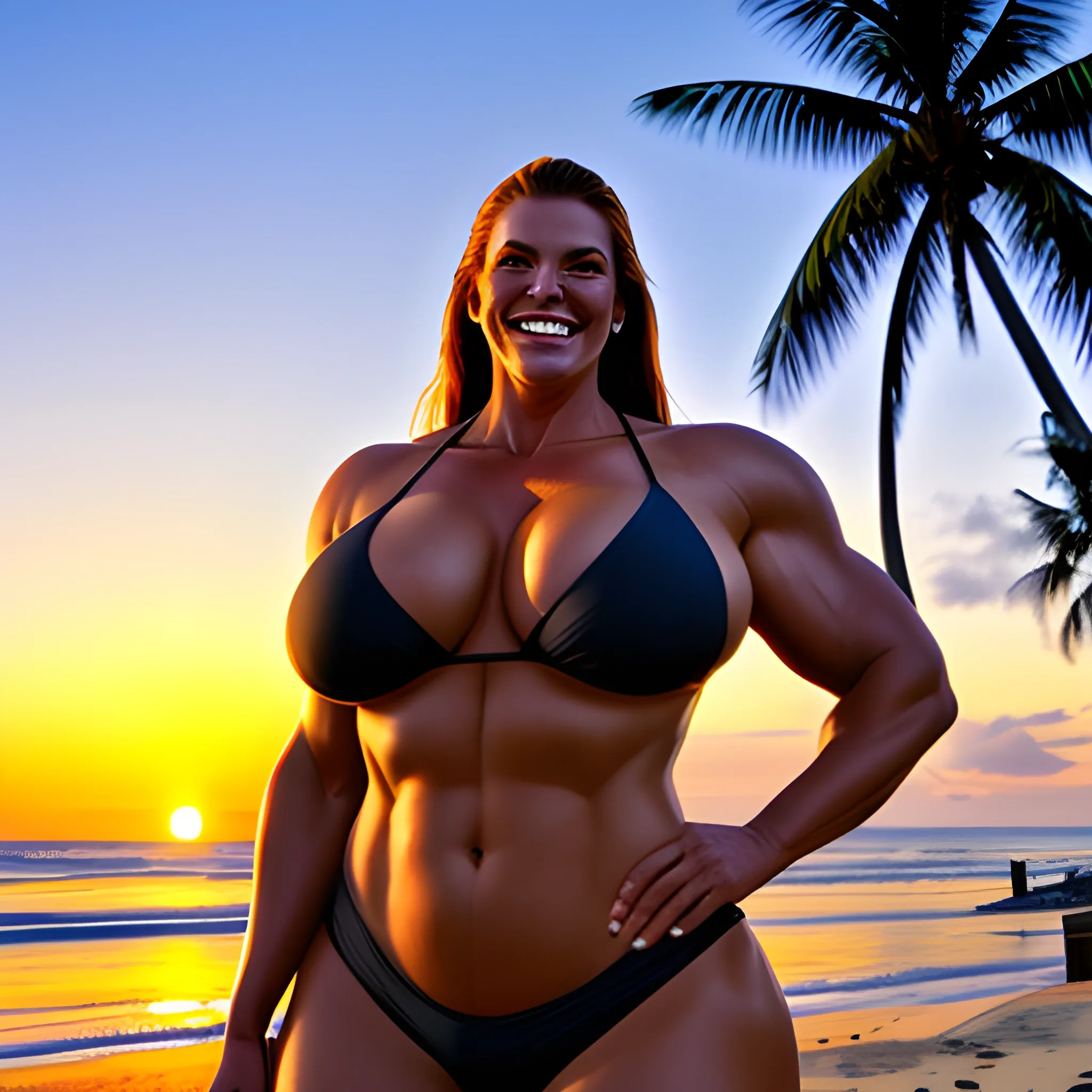 beautiful huge and tall muscular gently smiling young blonde girl siktting on tropical beach at sunset 