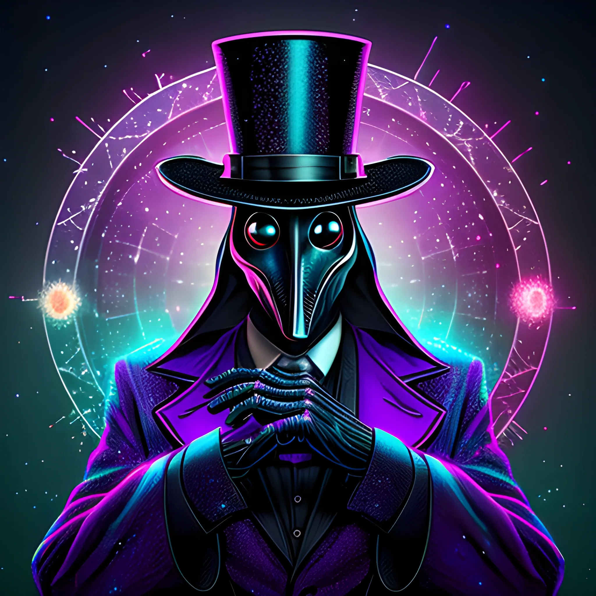 Plague Doctor, nebula sky, luminous colorful sparkles, ominous ...