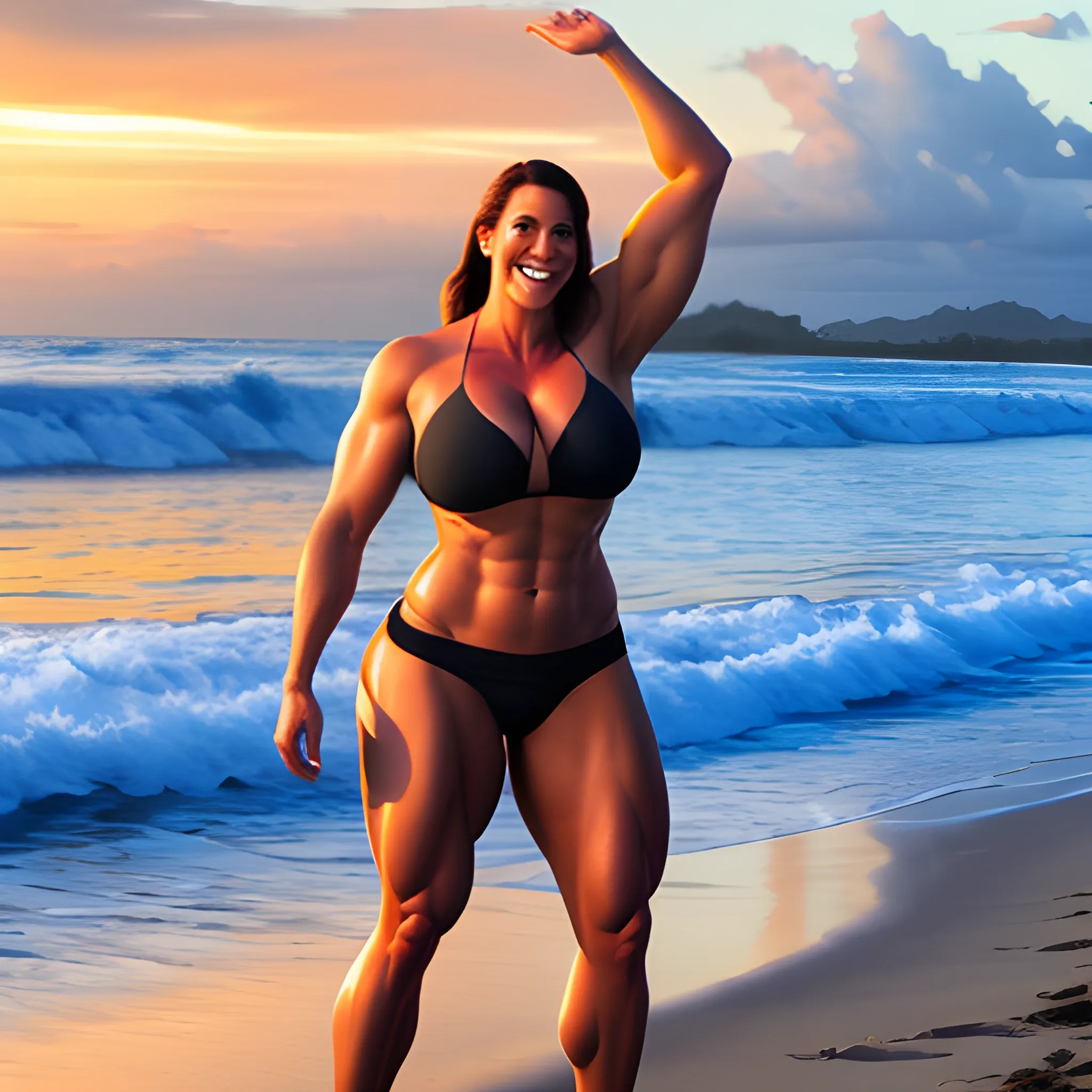 beautiful huge and tall muscular gently smiling young blonde girl exercising on tropical beach at sunset 