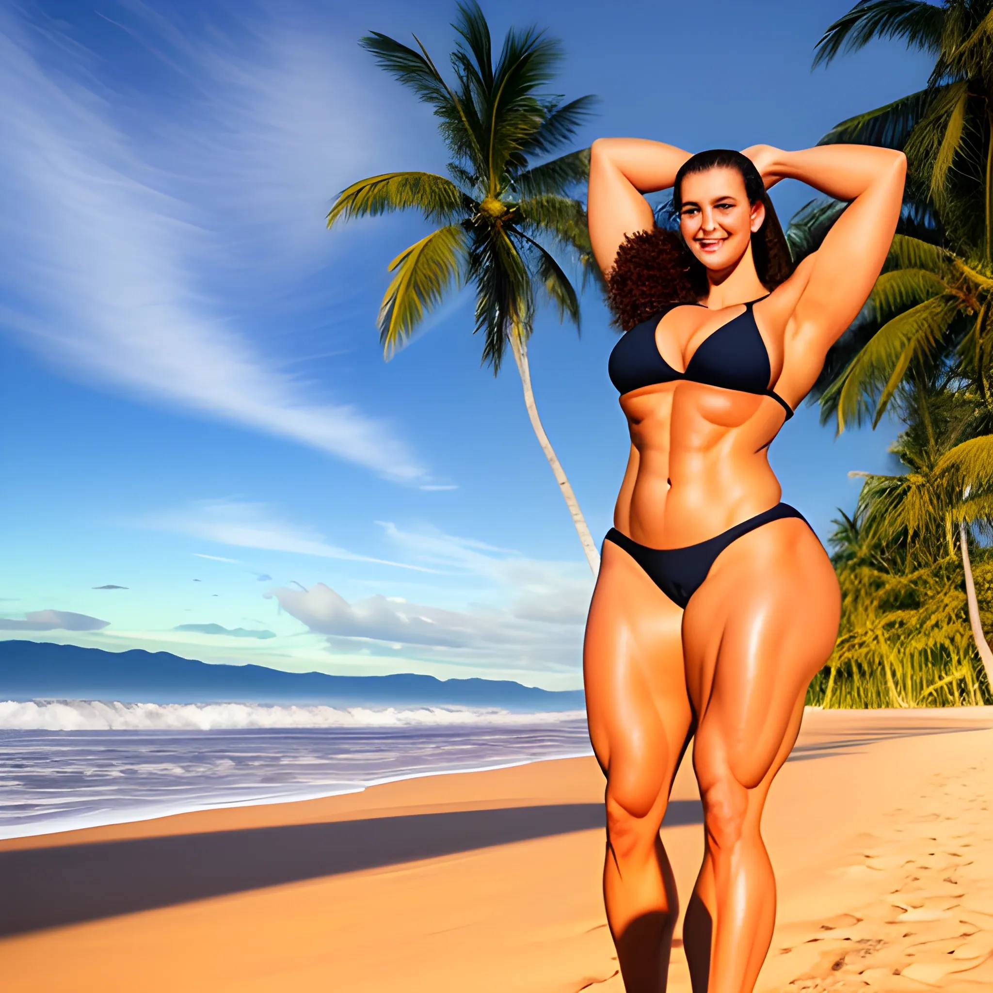 beautiful huge and tall muscular gently smiling young blonde girl exercising on tropical beach at sunset under the sky