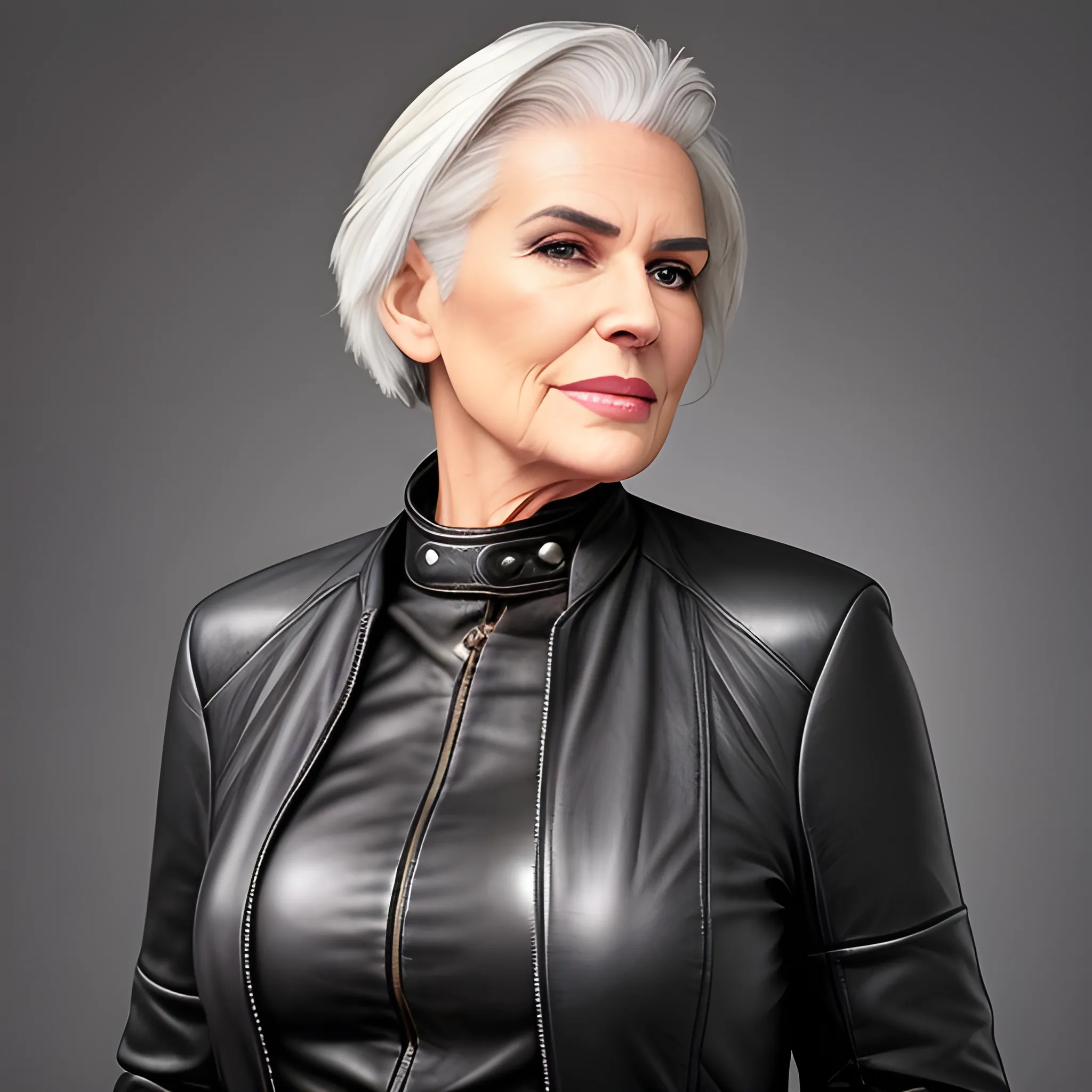 Beautiful woman with graying hair wearing all leather outfit