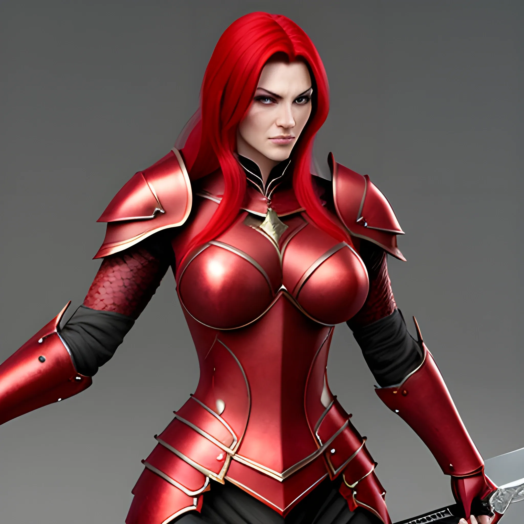 beautiful girl ，armor , 3D，swinging sword，angry，red hair