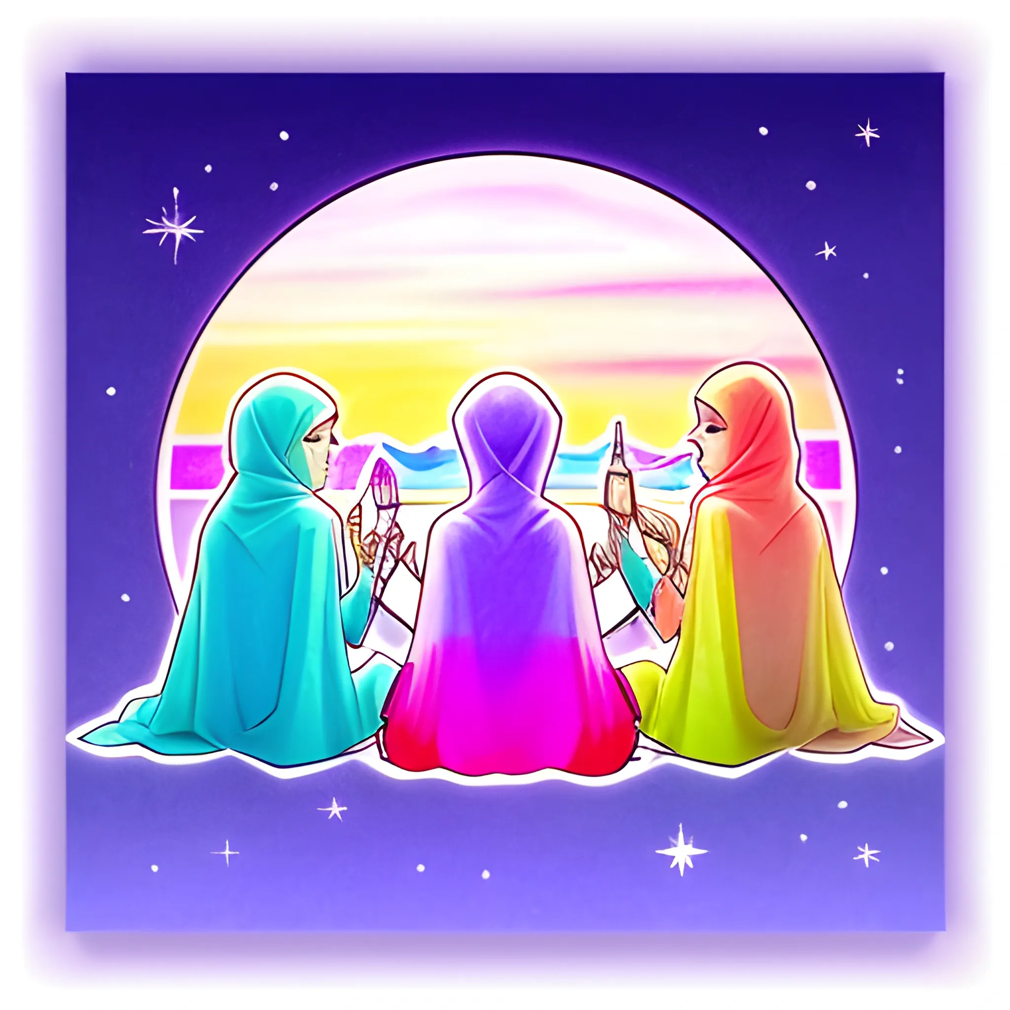 A minimalistic t-shirt design with High quality, pencil sketch, late evening background. Glass Translucent picture, soft blue green and pink orange and purple translucent pastels in a magical way. It's like a little burst of joy frozen in time. Picture to picture using night colors, Detailed illustration with silhouettes of Muslim family breaking their fast in Ramadan., Oil Painting, Pencil Sketch