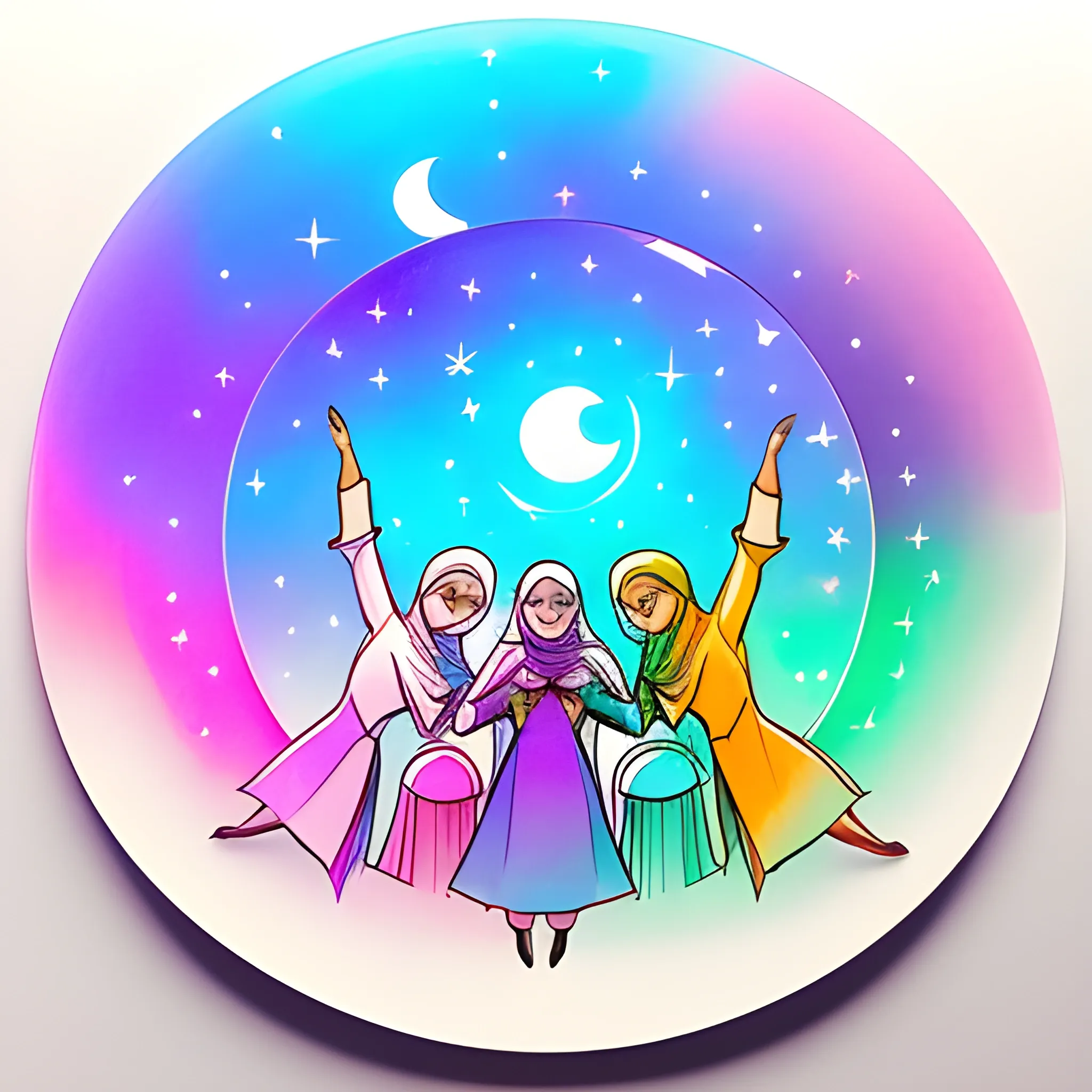 A minimalistic t-shirt design with High quality, pencil sketch, late evening background. Glass Translucent picture, soft blue green and pink orange and purple translucent pastels in a magical way. It's like a little burst of joy frozen in time. Picture to picture using night colors, Detailed illustration with silhouettes of Muslim family breaking their fast in Ramadan., Pencil Sketch