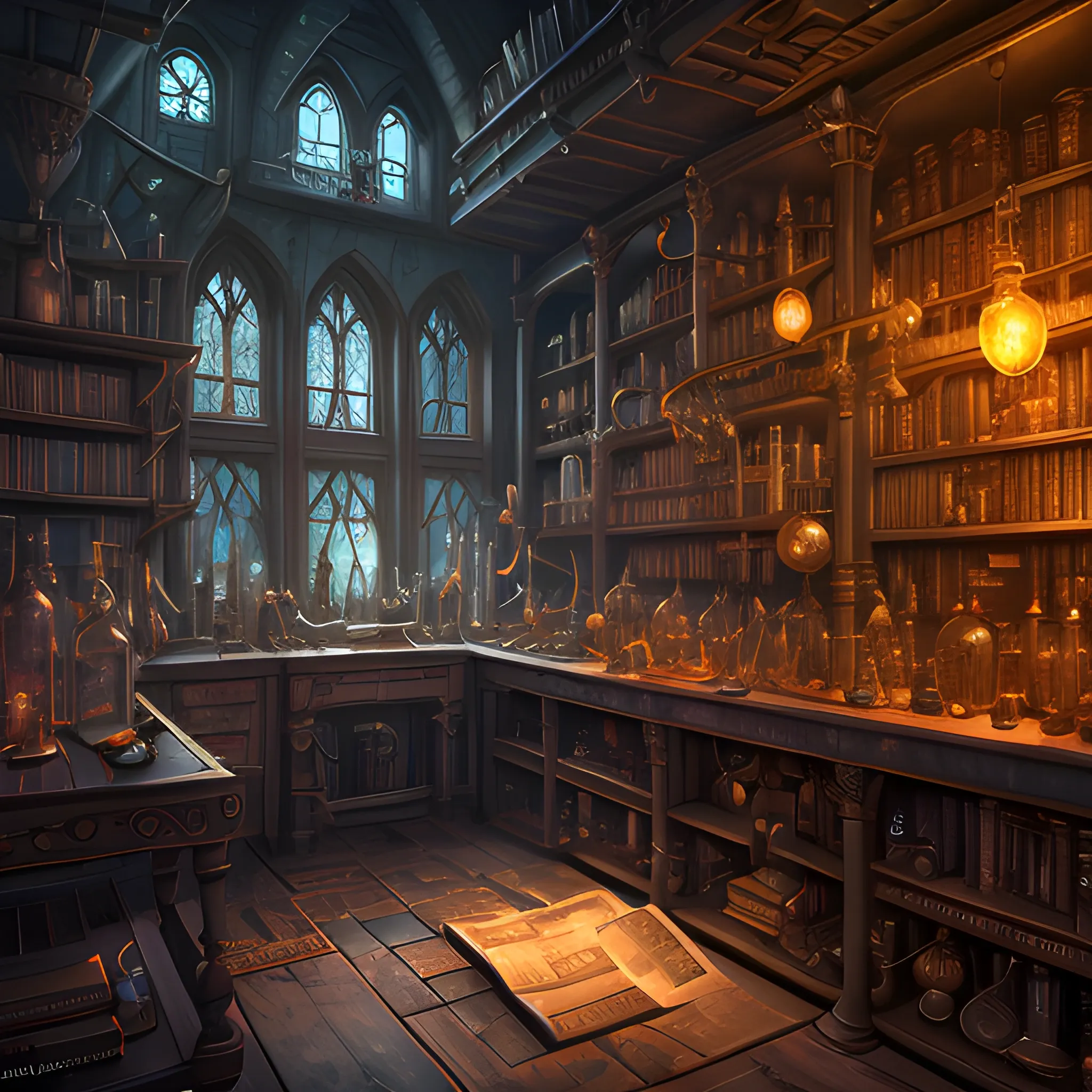 magic laboratory, alchemy, strange potions, dark, books, 8k, high resolution, high quality, photorealistic, hyperrealistic, detailed, detailed matte painting, deep color, fantastical, intricate detail, splash screen, complementary colors, fantasy concept art, 8k resolution trending on Artstation Unreal Engine