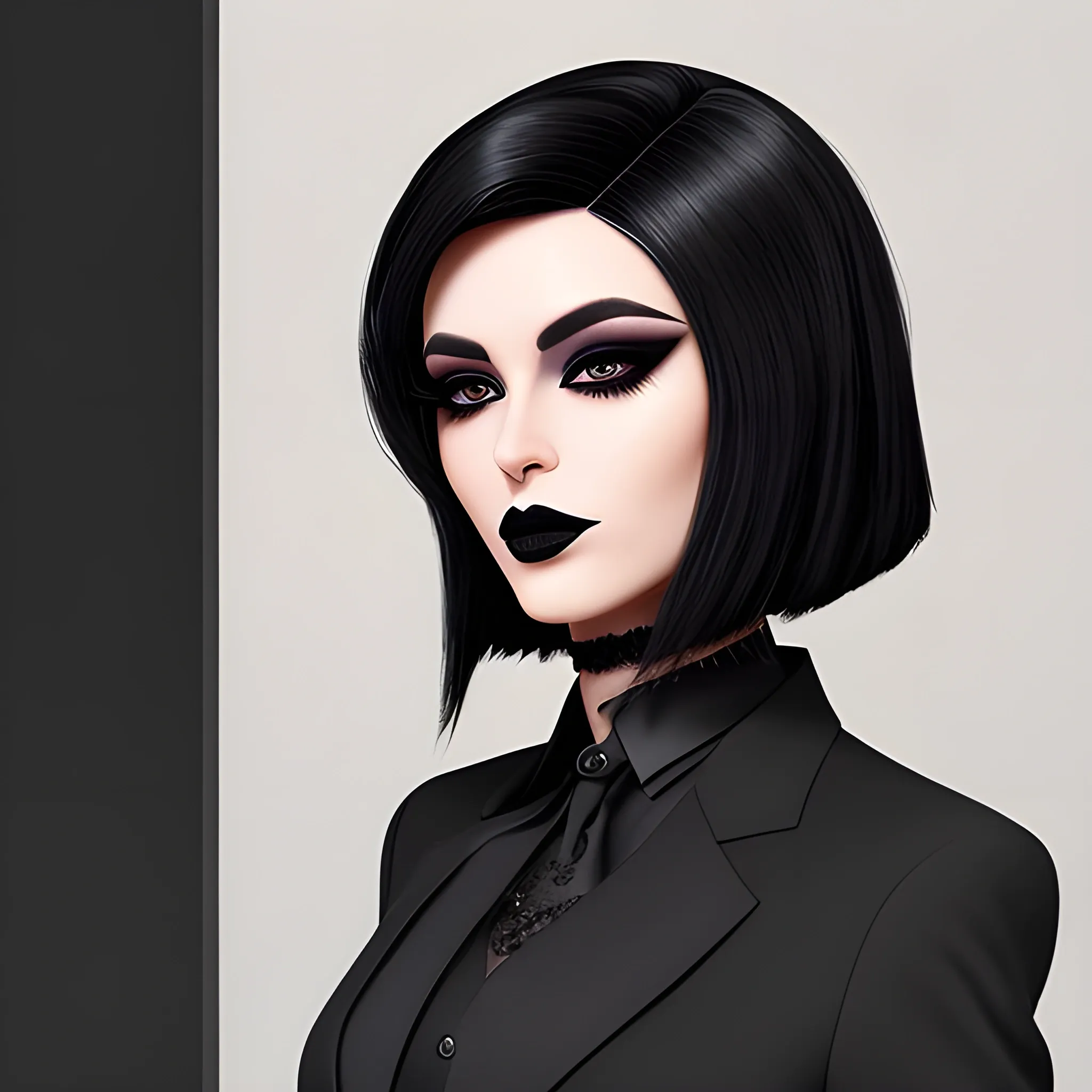 Beautiful Black haired woman with black lipstick and eye makeup dressed in an all black three piece suit photo realistic