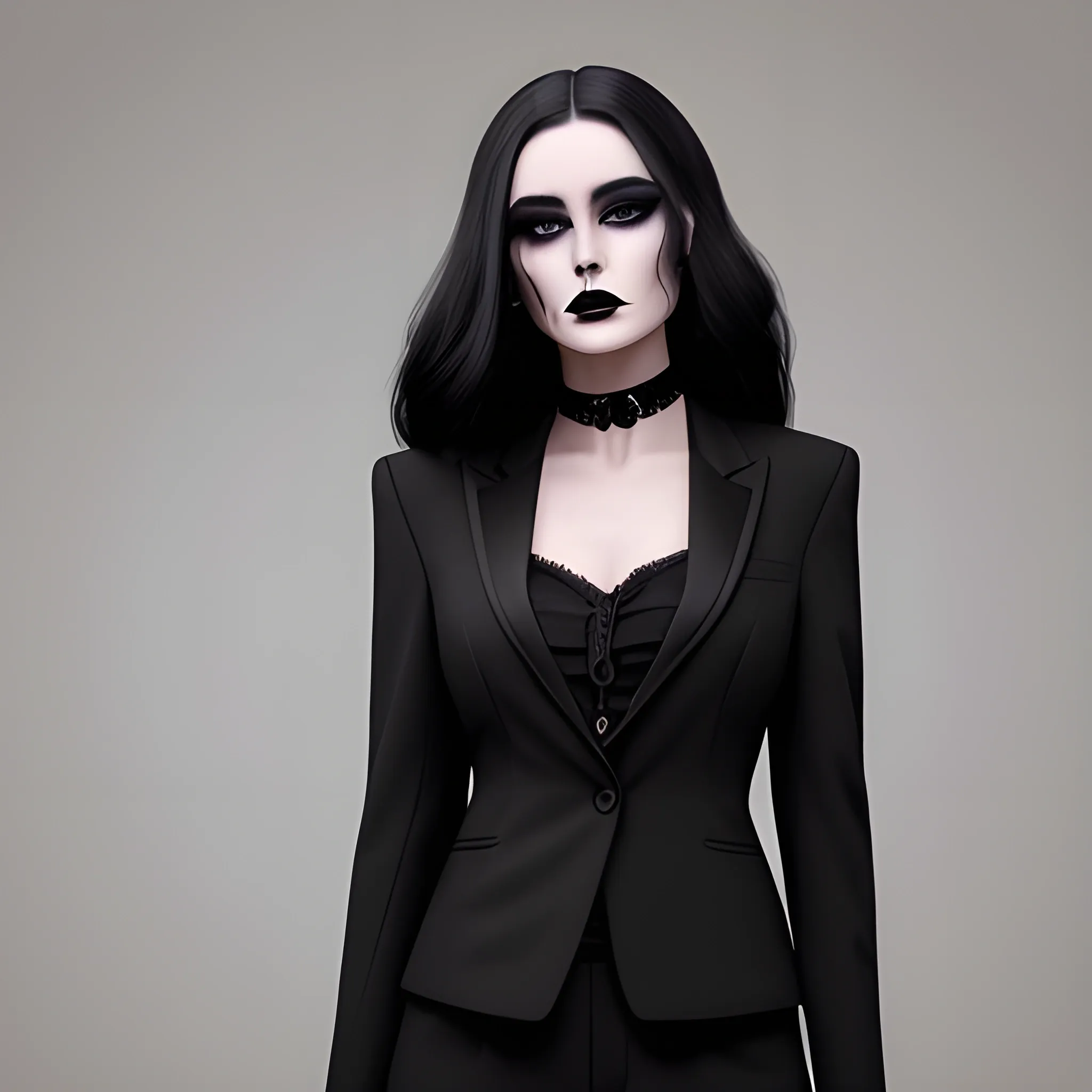 Beautiful Black shoulder length haired woman with black lipstick and eye makeup dressed in an all black three piece suit posing standing photo realistic 16k