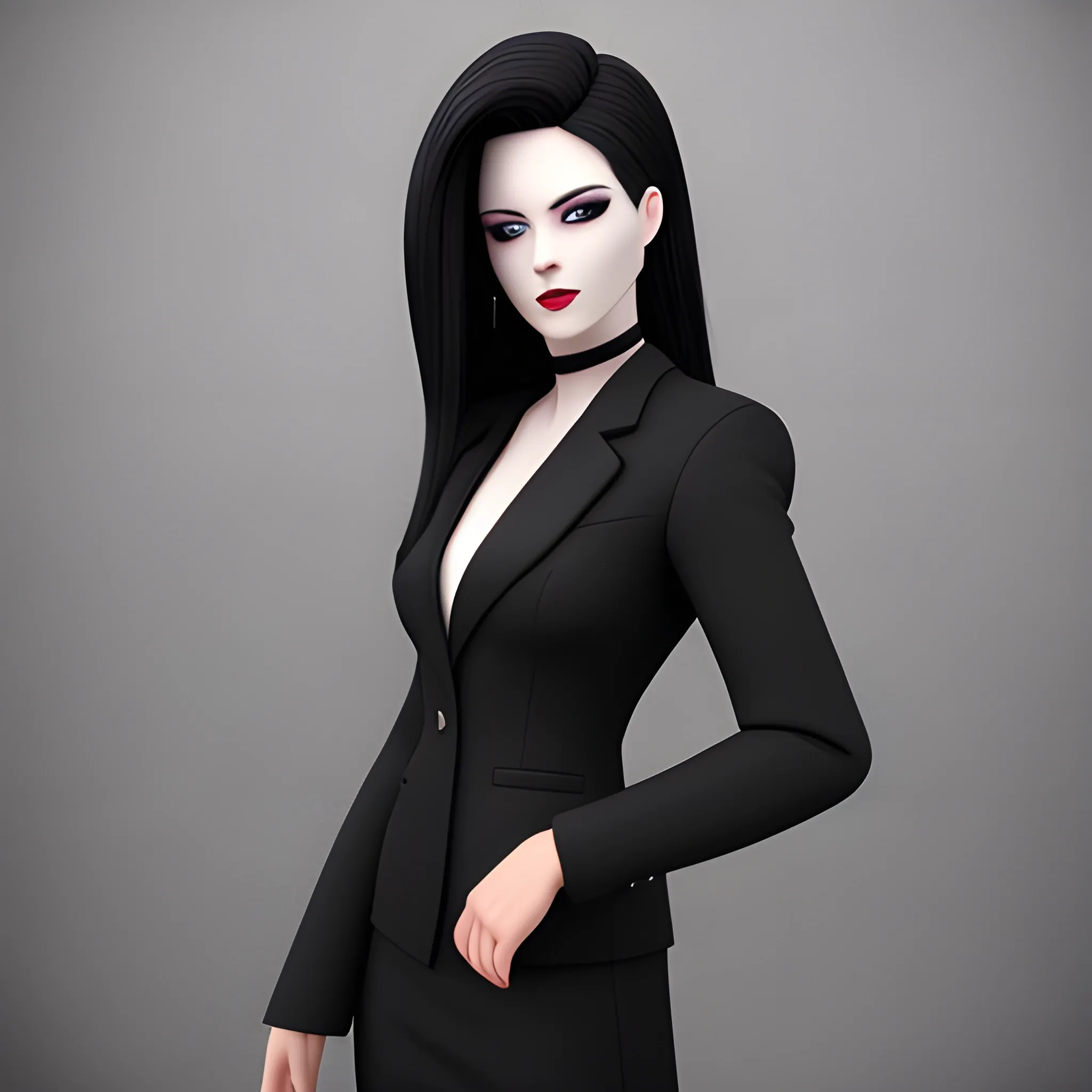 Beautiful Black shoulder length haired business woman with black lipstick and eye makeup dressed in an all black business suit posing standing photo realistic 16k ultra realistic quality no deformation no pale face