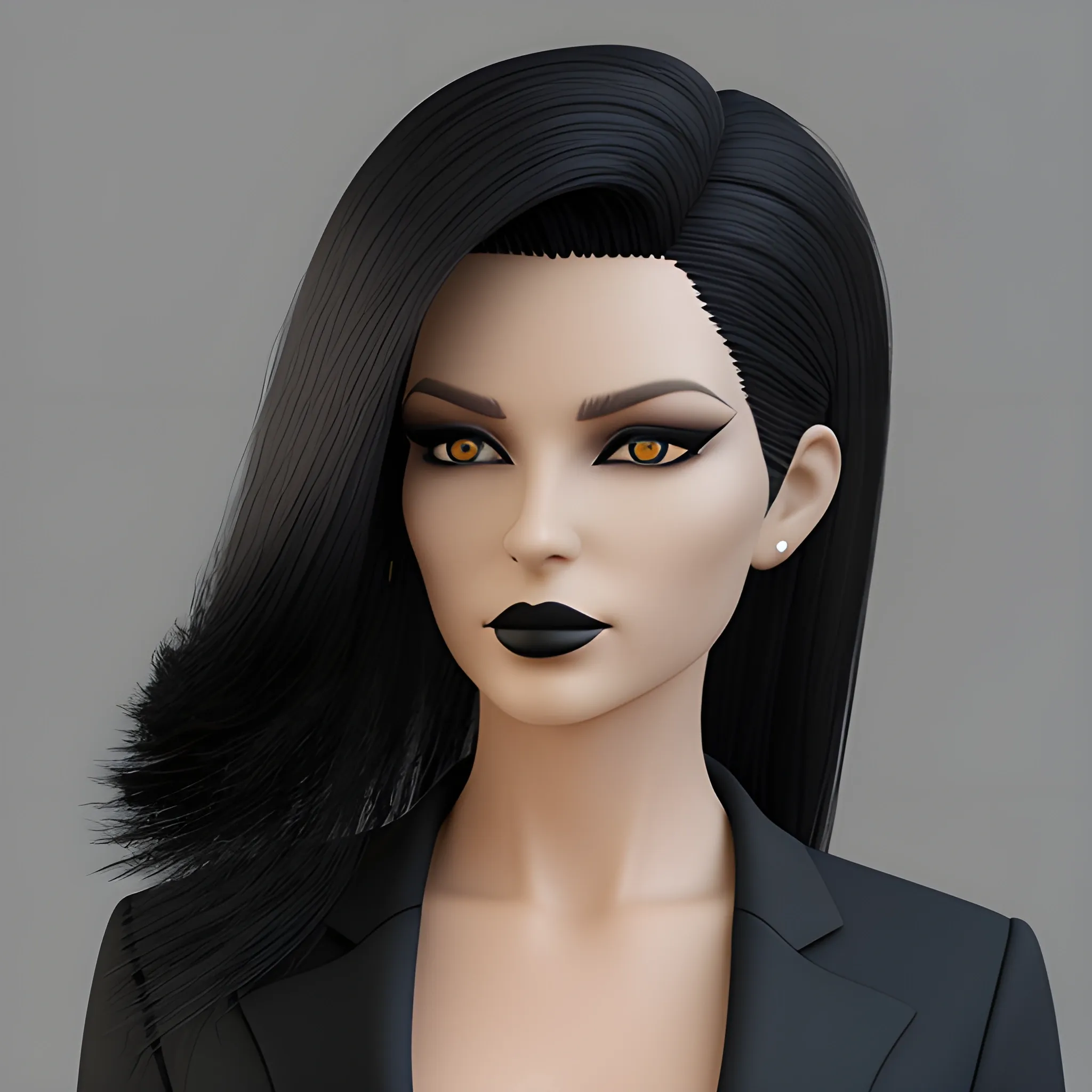 Beautiful Black shoulder length haired business woman with black lipstick and eye makeup dressed in an all black business suit posing standing photo realistic 24k ultra realistic quality 3D no deformation