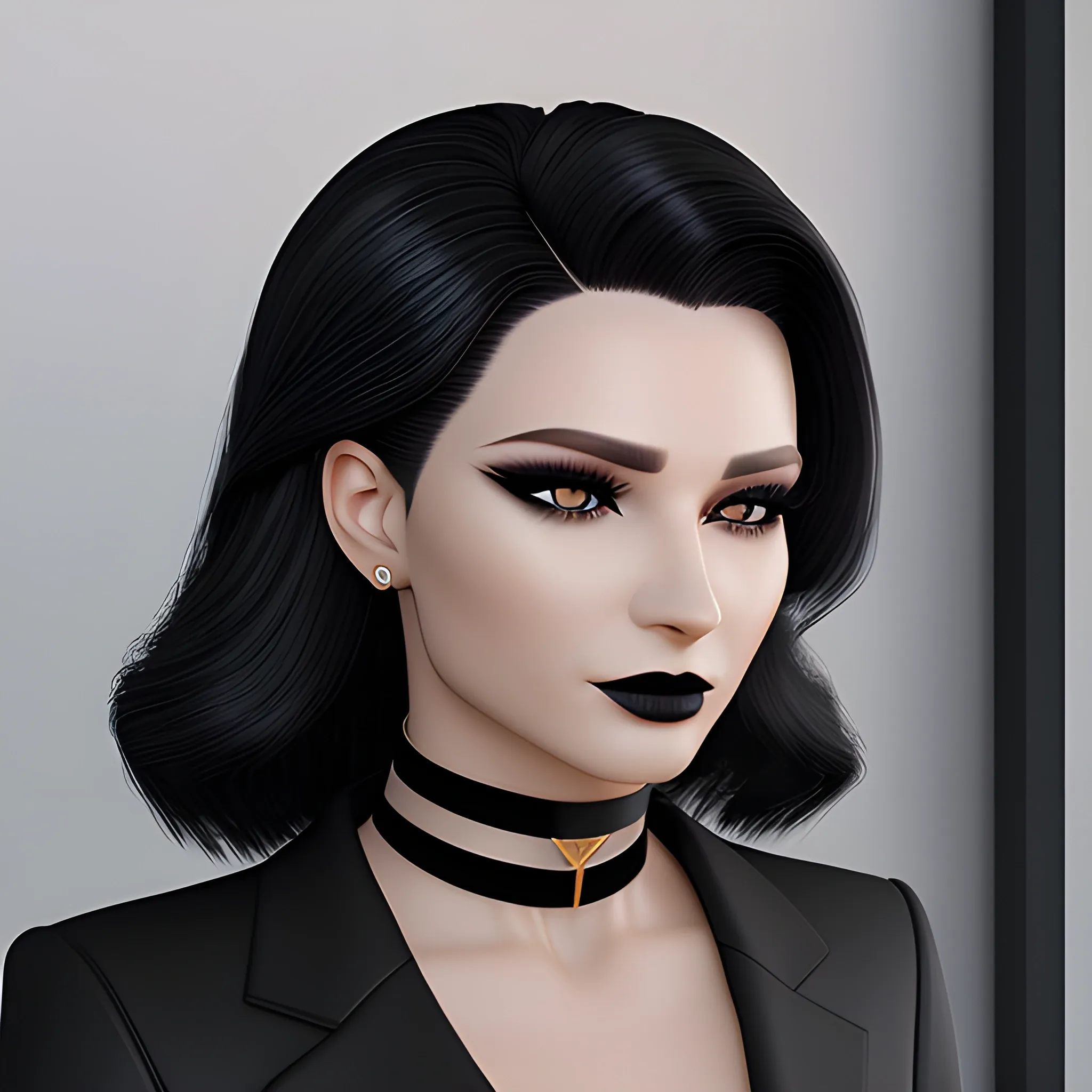 Beautiful Black shoulder length haired business woman with black lipstick and eye makeup dressed in an all black business suit with black choker posing standing photo realistic 24k ultra realistic quality 3D no deformation