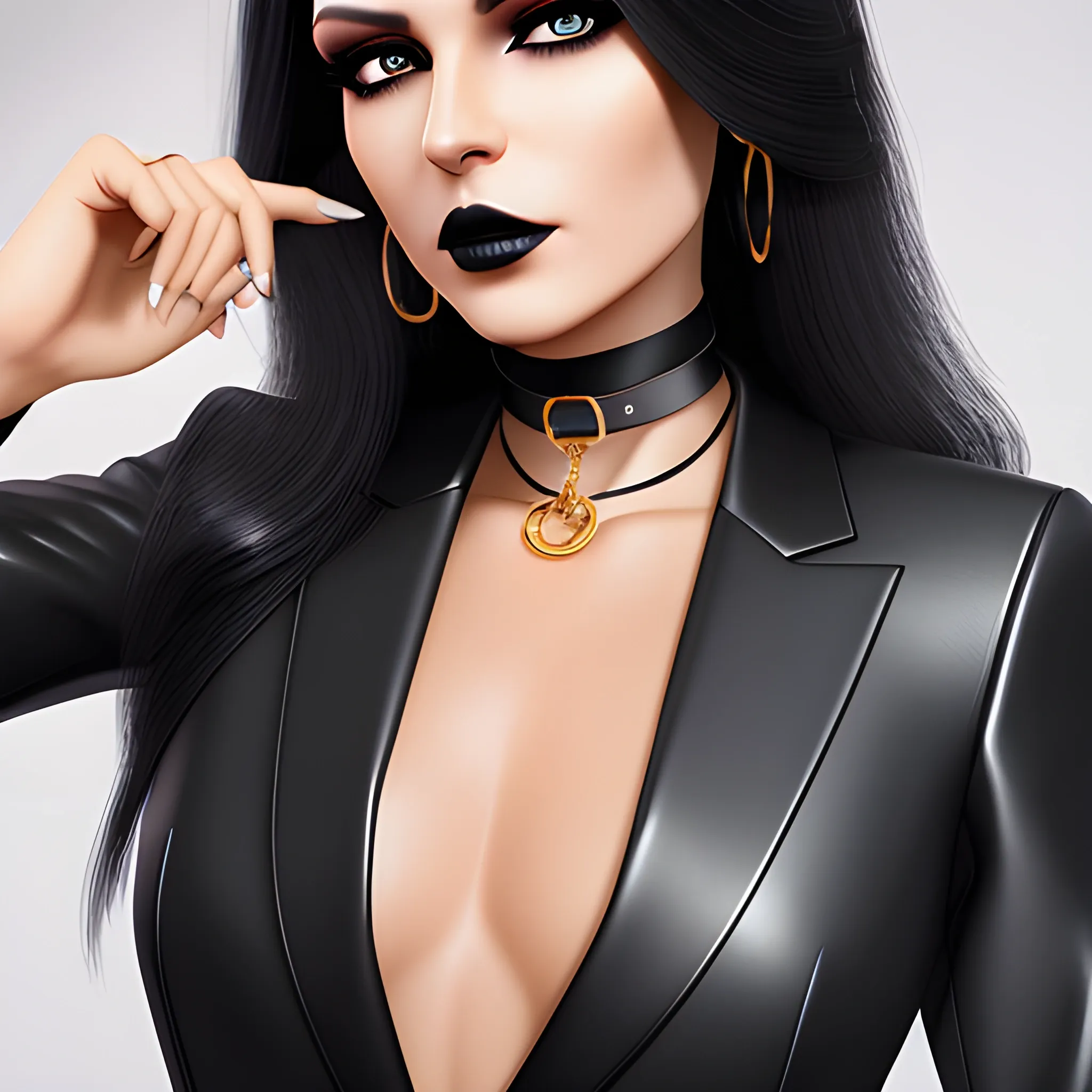 Beautiful Black shoulder length haired business woman with black lipstick and eye makeup dressed in an all black leather business suit with black O ring choker posing standing photo realistic 24k ultra realistic quality 3D no deformation