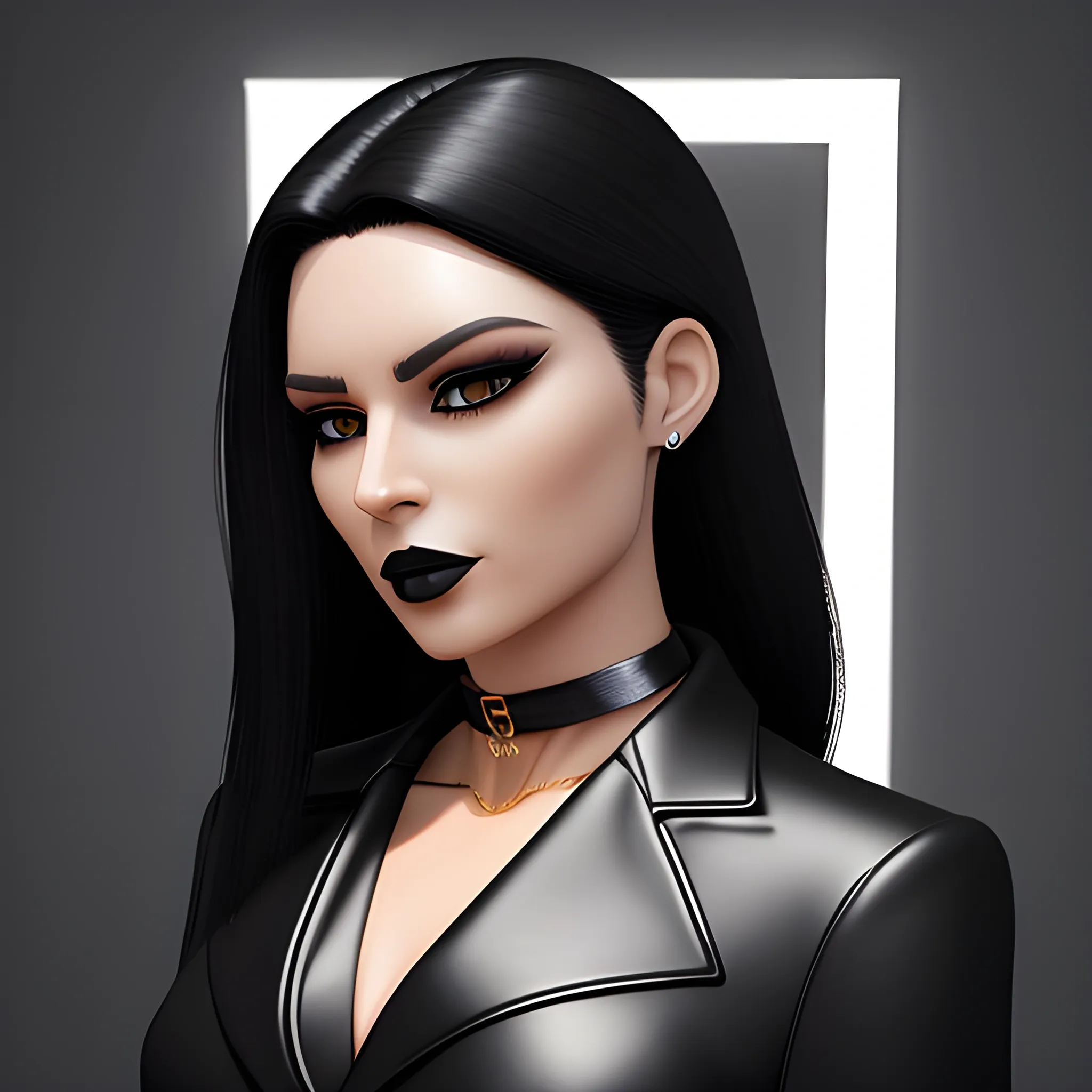 Beautiful Black shoulder length haired business woman with black lipstick and eye makeup dressed in an all black leather business suit with black leather silver O ring choker posing standing photo realistic 24k ultra realistic quality 3D no deformation