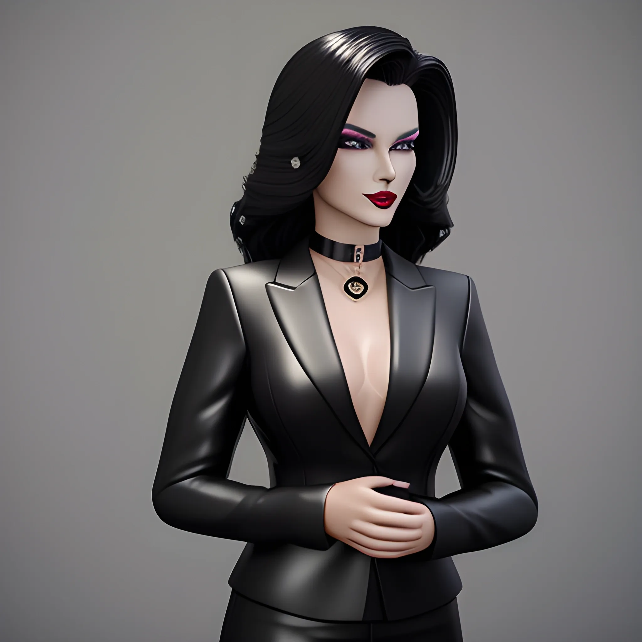 Beautiful Black shoulder length haired business woman with black lipstick and eye makeup dressed in an all black leather business suit with black leather silver O ring choker posing standing photo realistic 24k ultra realistic quality 3D no deformation