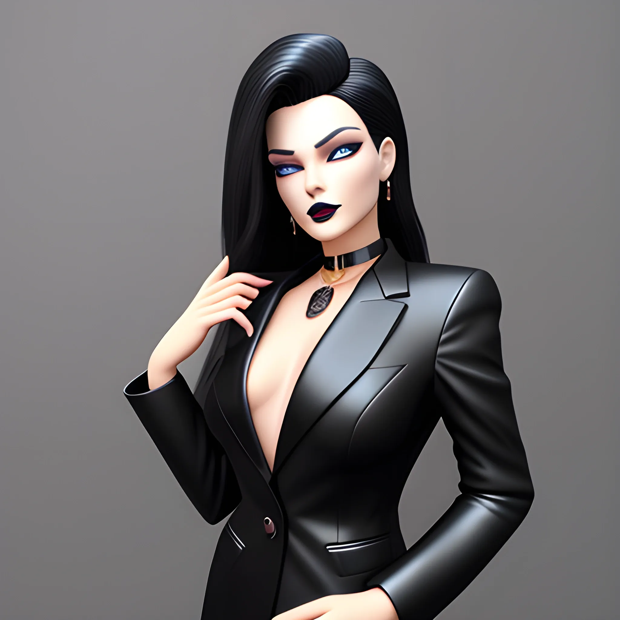 Beautiful Black shoulder length haired business woman with black lipstick and eye makeup dressed in an all black leather business suit with black leather silver O ring choker posing standing photo realistic 24k ultra realistic quality 3D no deformation