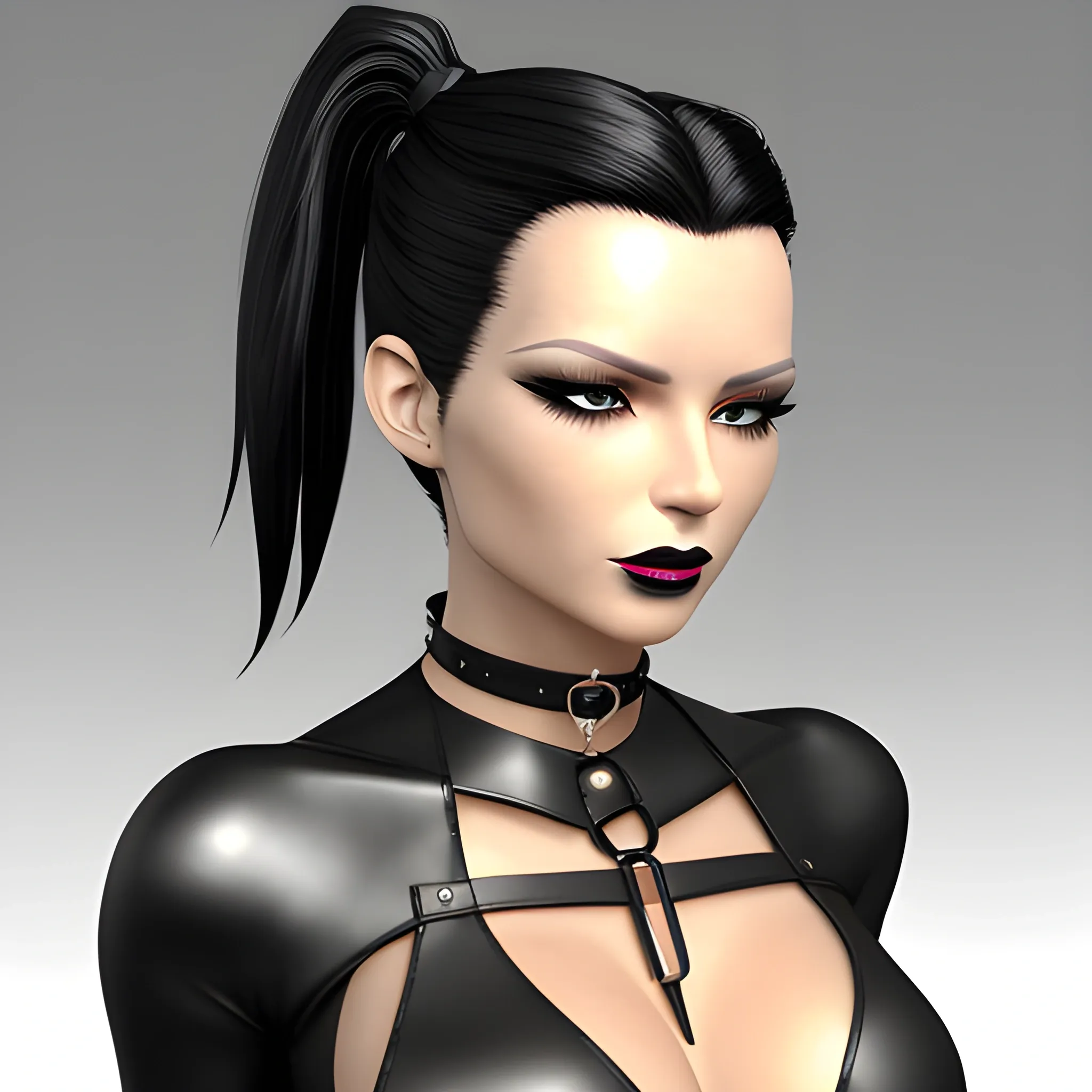 Beautiful Black shoulder length haired business woman with black lipstick and eye makeup dressed in a black leather silver front buckle corset a black leather full body catsuit a black leather silver O ring choker and black leather calf high boots posing standing facing the camera hair tied into ponytail in the center of the back of her head photo realistic 24k ultra realistic quality 3D no deformation five fingers on each hand 