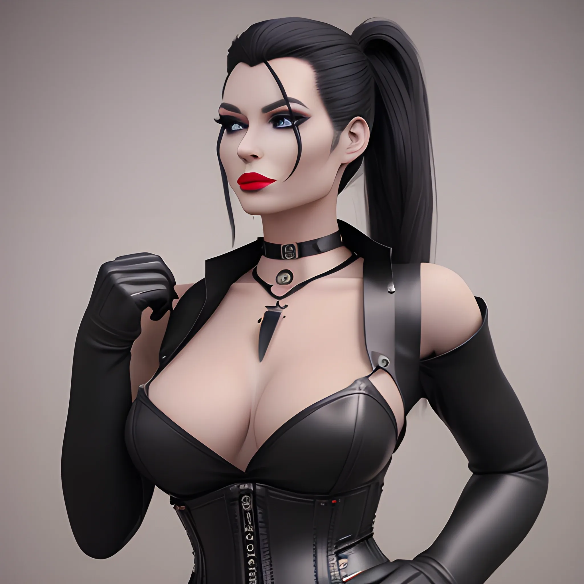 Beautiful Black shoulder length haired business woman with black lipstick and eye makeup dressed in a black leather silver front buckle corset a black leather full body catsuit a black leather silver O ring choker and black leather calf high boots posing standing facing the camera hair tied into ponytail in the center of the back of her head photo realistic 24k ultra realistic quality 3D no deformation five fingers on each hand 