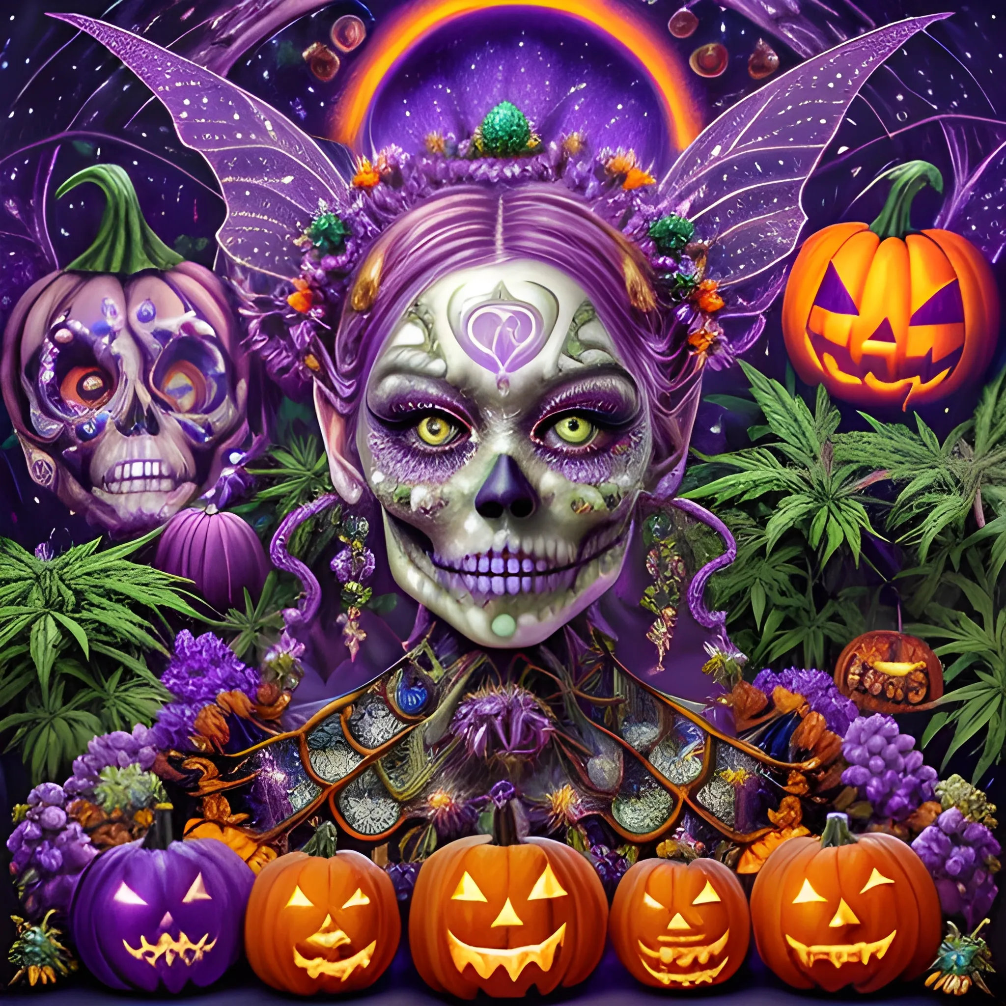 hyperdetailed oil on canvas, a beautiful Halloween Magician, detailed face; orange, green, purple, sparkle fairy dust, glitter, neon grape purple pumpkins, green skulls, orange bats, meticulously detailed; magic, surrounded by luminous color sparkles and marijuana plants, outdoors, starry night, full moon in a psychedelic nebula sky