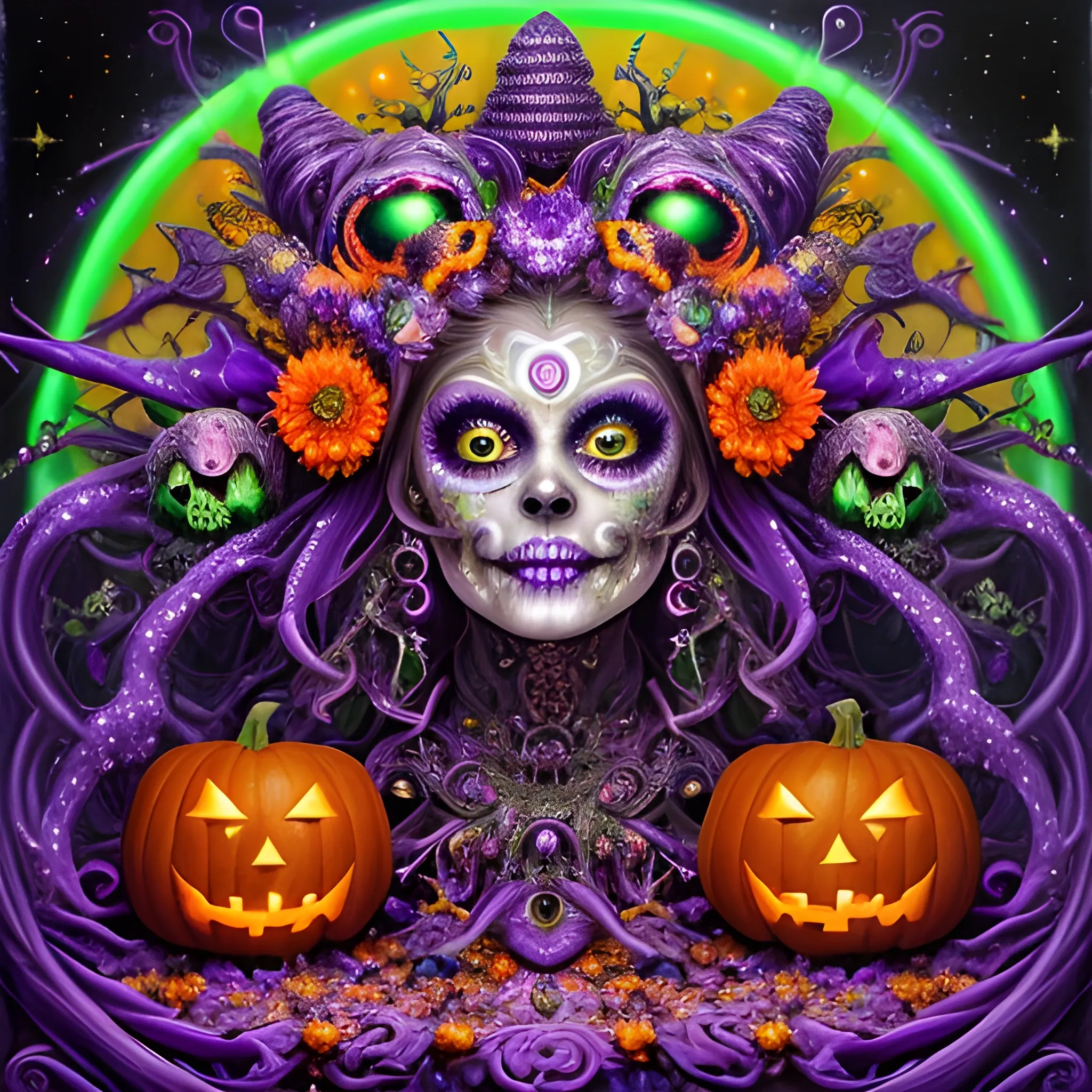 hyperdetailed oil on canvas, a beautiful Halloween Magician, detailed face; orange, green, purple, sparkle fairy dust, glitter, neon grape purple pumpkins, green skulls, orange bats, meticulously detailed; magic, surrounded by luminous color sparkles, outdoors, starry night, full moon in a psychedelic nebula sky